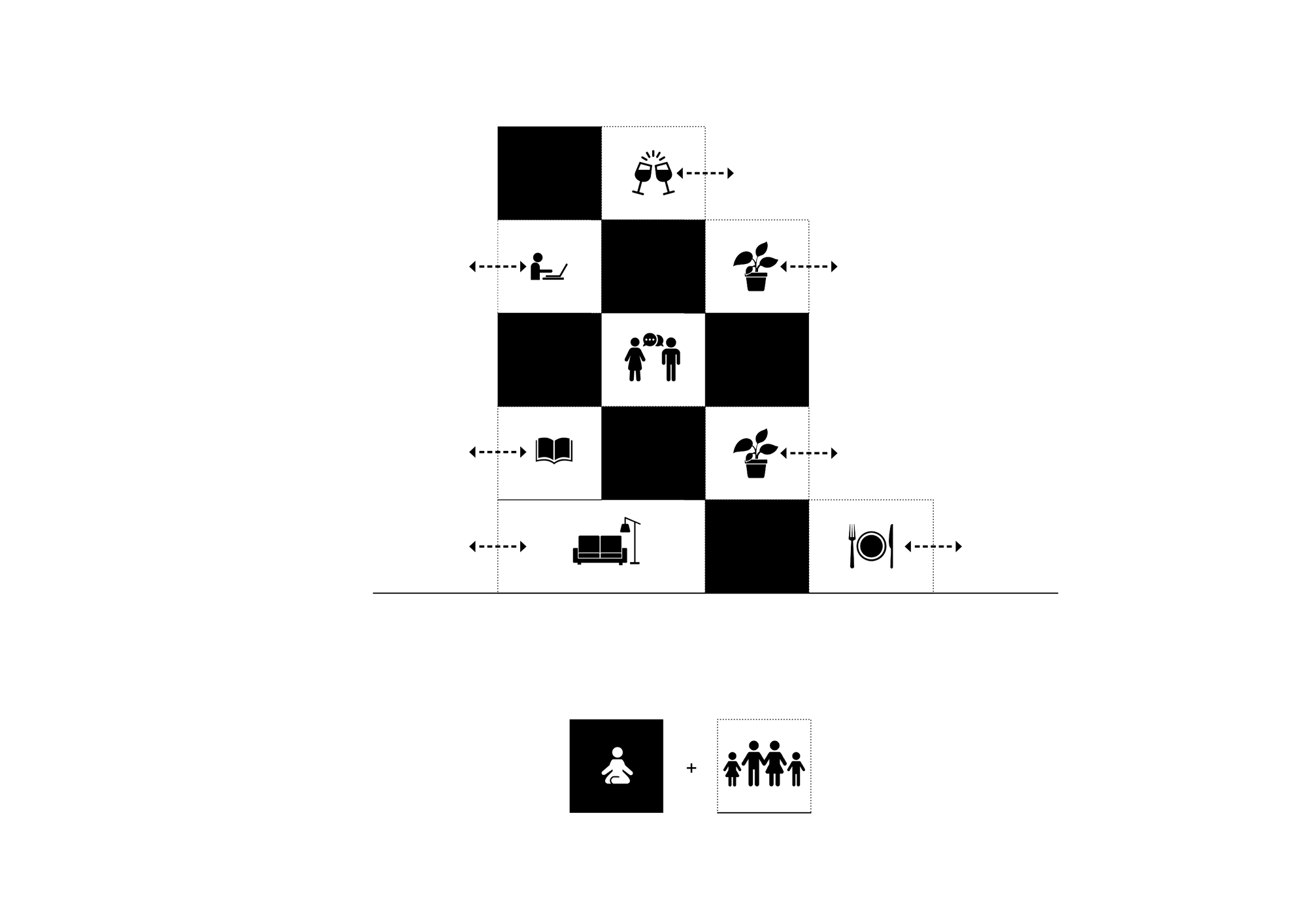 Section drawing with staggered volumes and icons depicting various domestic programs across multiple levels