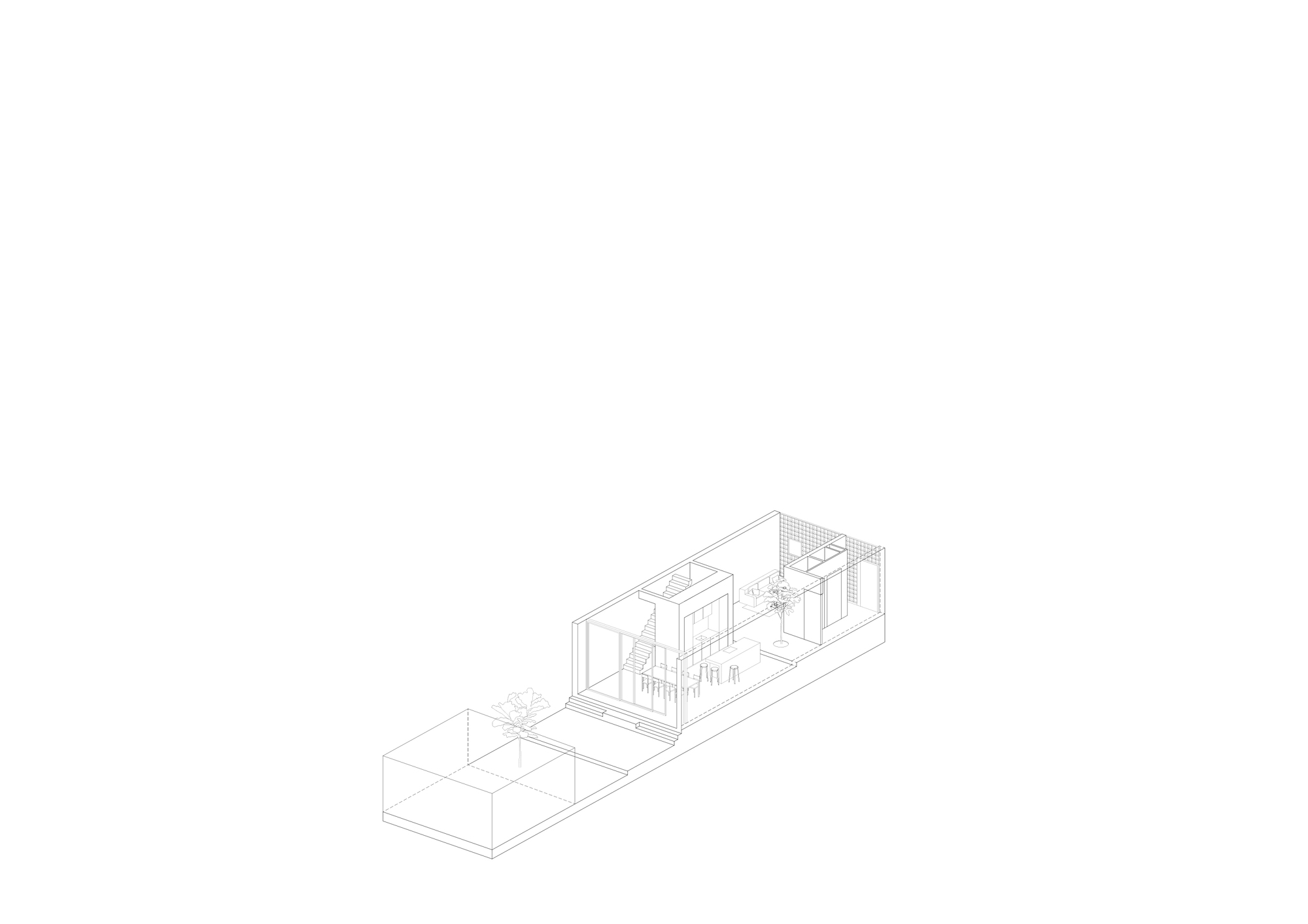 Axonometric drawing revealing interior rooms, courtyard, and roof terrace in a narrow linear building