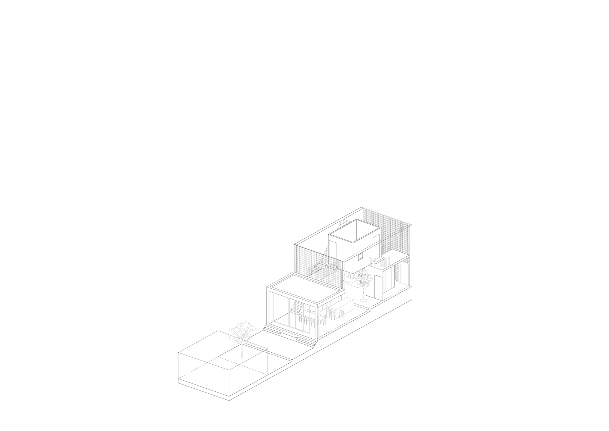Axonometric drawing showing split-level interior spaces and rooftop enclosure within a slender building volume