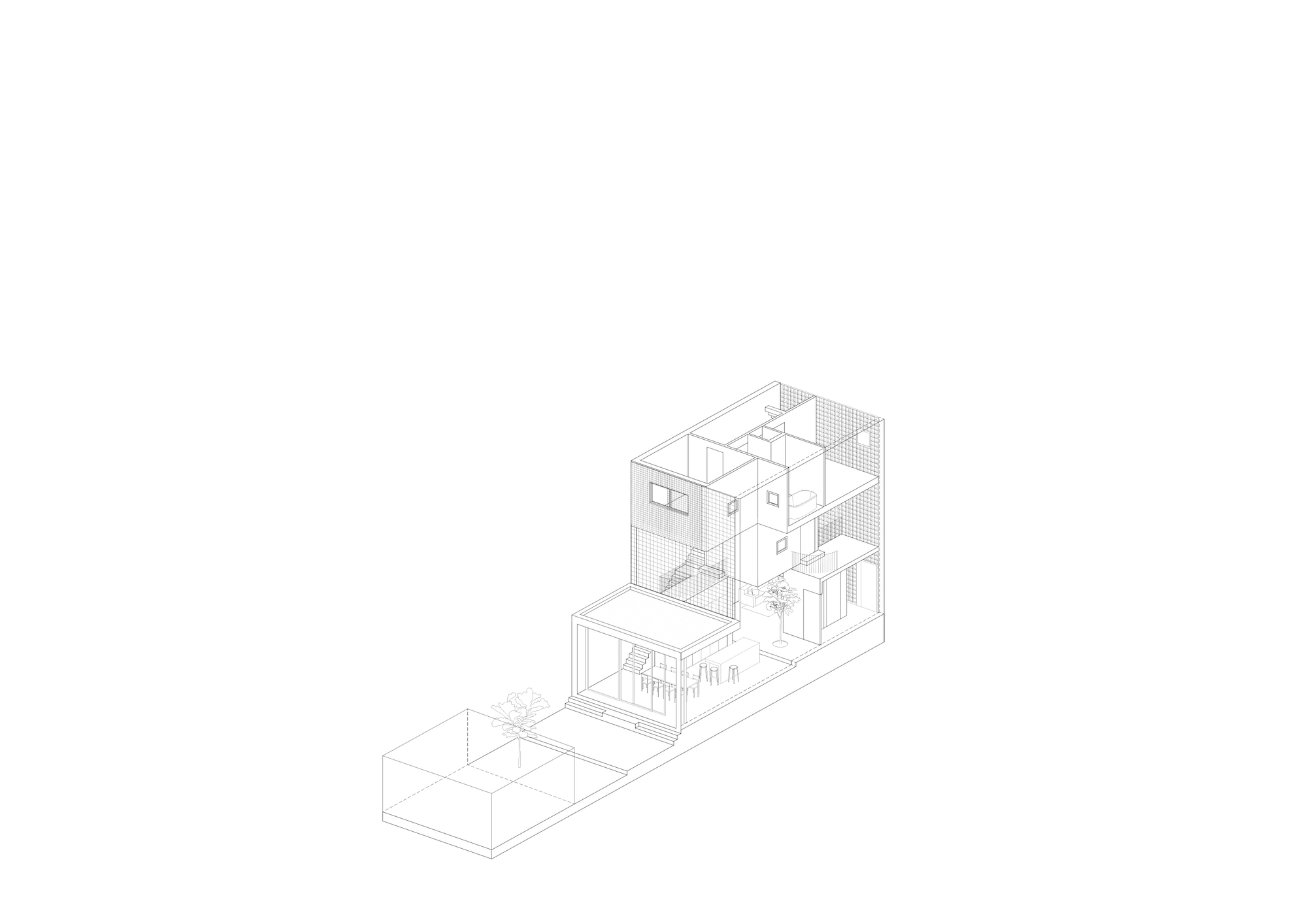 Axonometric drawing revealing a multi-level residence with terraces and interior courtyard spaces