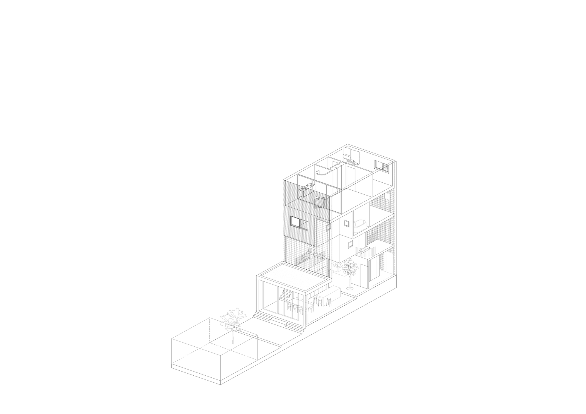Axonometric drawing showing the progressive vertical stacking of living levels with roof terrace