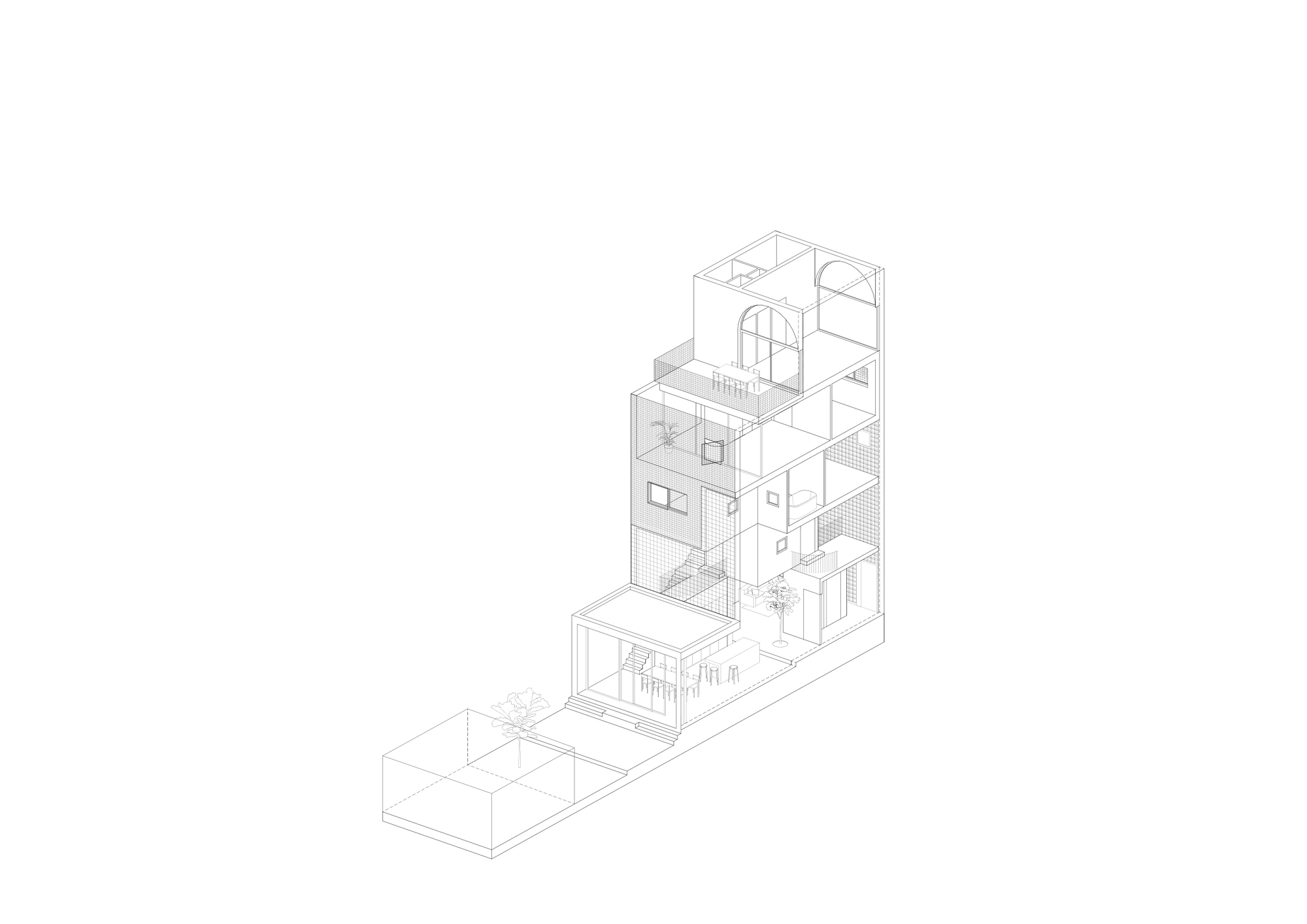 Axonometric drawing depicting the full vertical organization from ground level gardens to upper floors