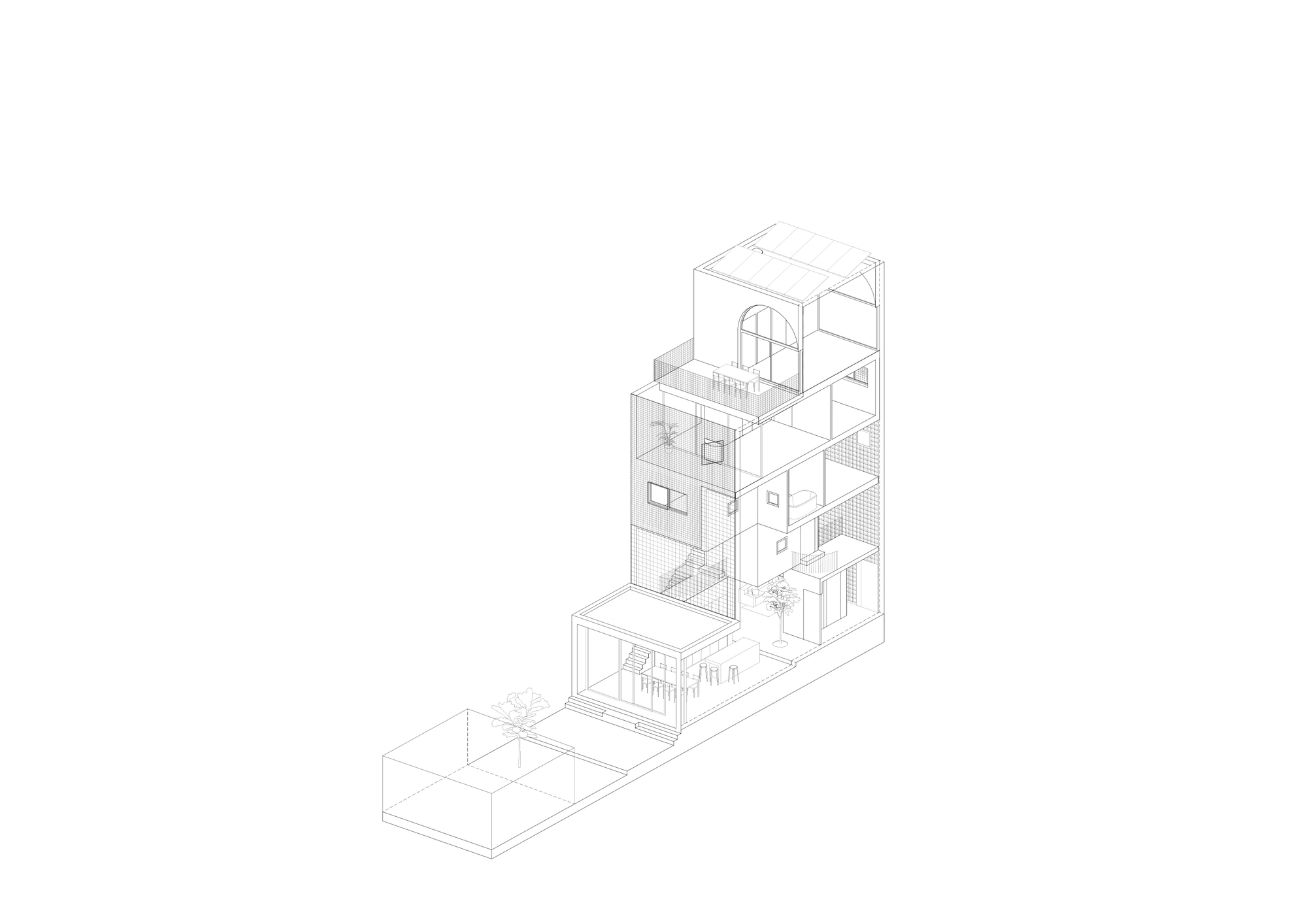 Axonometric drawing illustrating the complete spatial arrangement across all residential levels