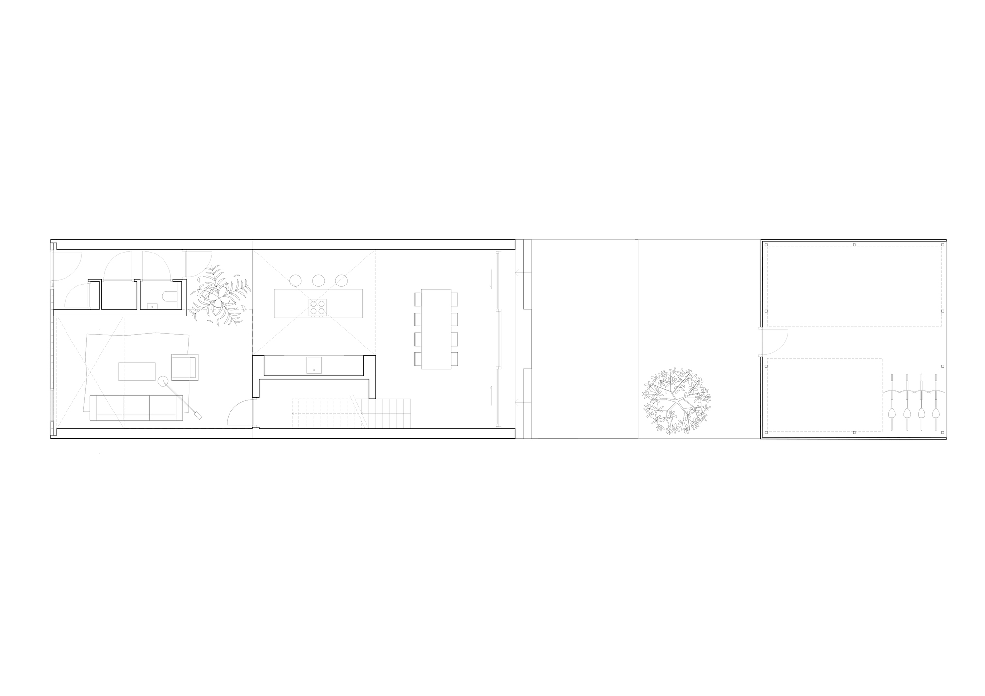 Floor plan drawing showing living and dining areas with kitchen and outdoor courtyard with tree