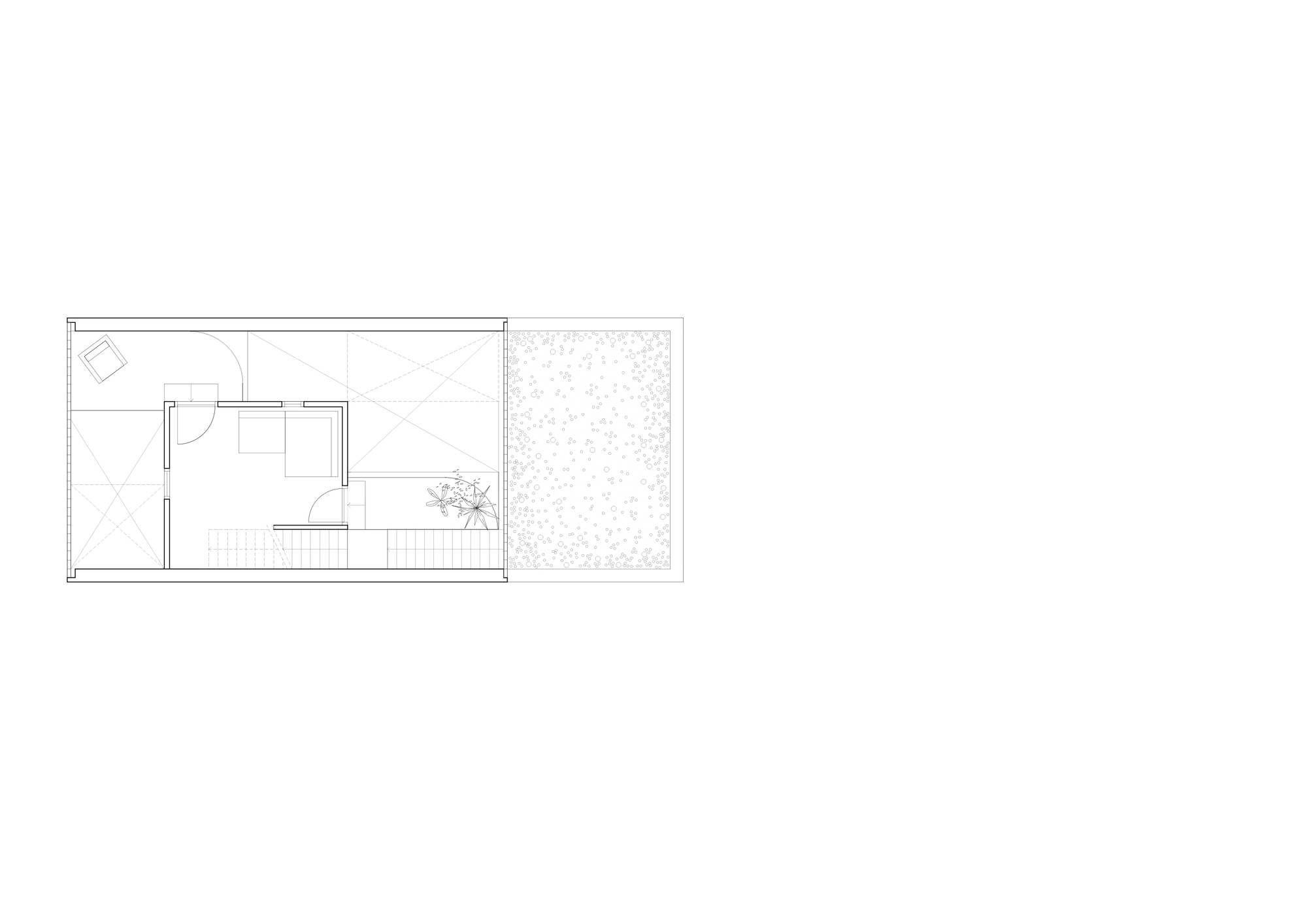 Floor plan drawing showing bathroom layout adjacent to perforated metal screen terrace