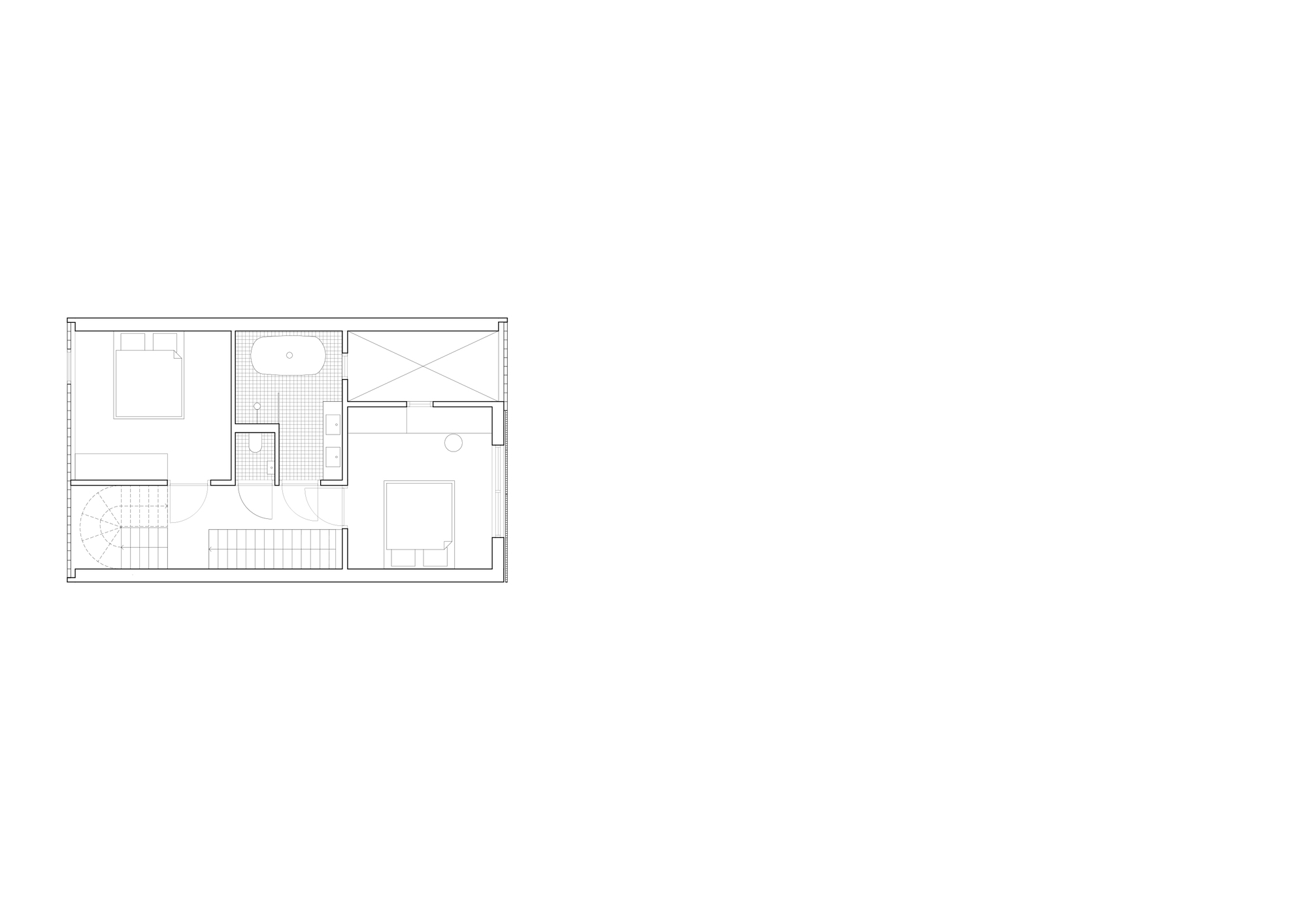 Floor plan drawing showing two bedrooms with bathroom and stairwell arranged around a rectangular layout