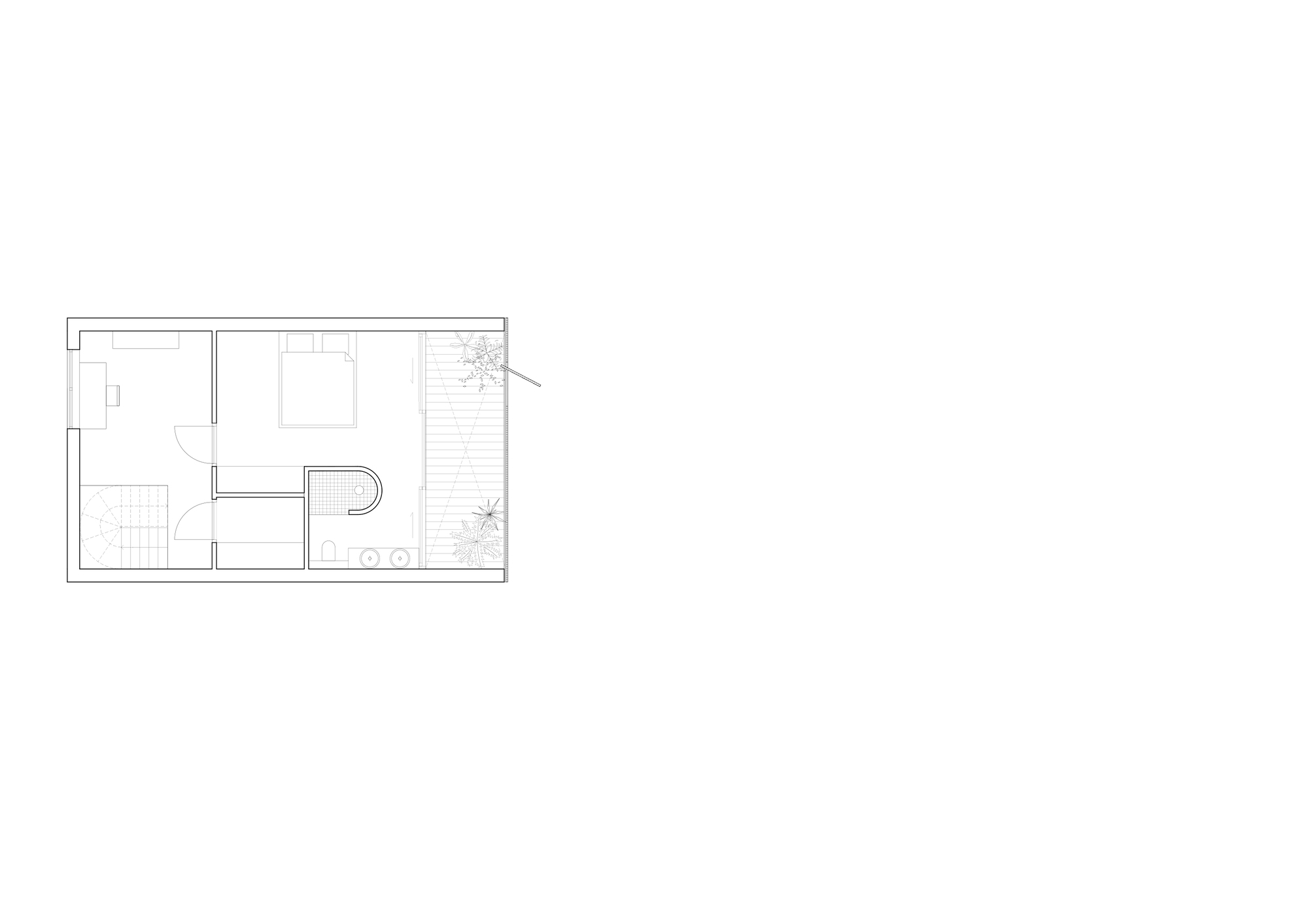 Floor plan drawing showing bedroom suite with bathroom and outdoor terrace with planted elements