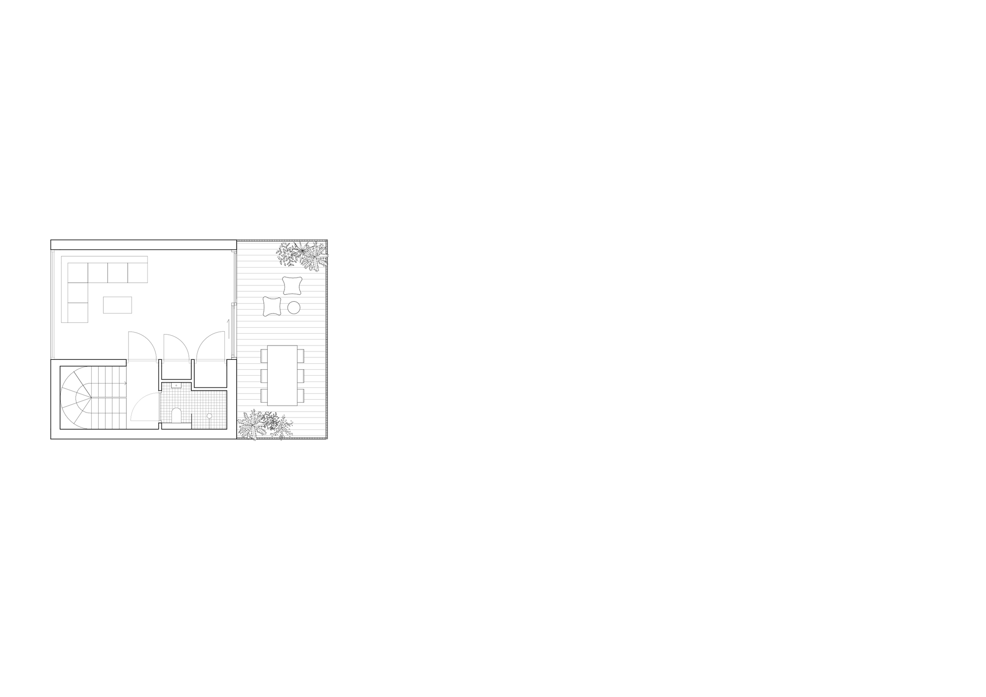 Floor plan drawing showing living and dining spaces with bathroom core and two planted outdoor corners