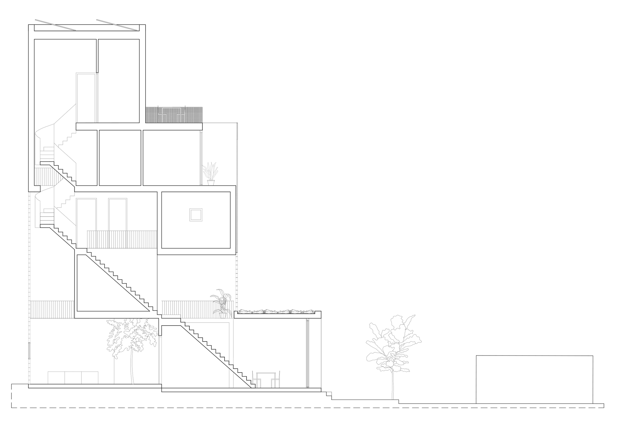 Section drawing showing staggered volumes connected by diagonal staircase with trees at grade level