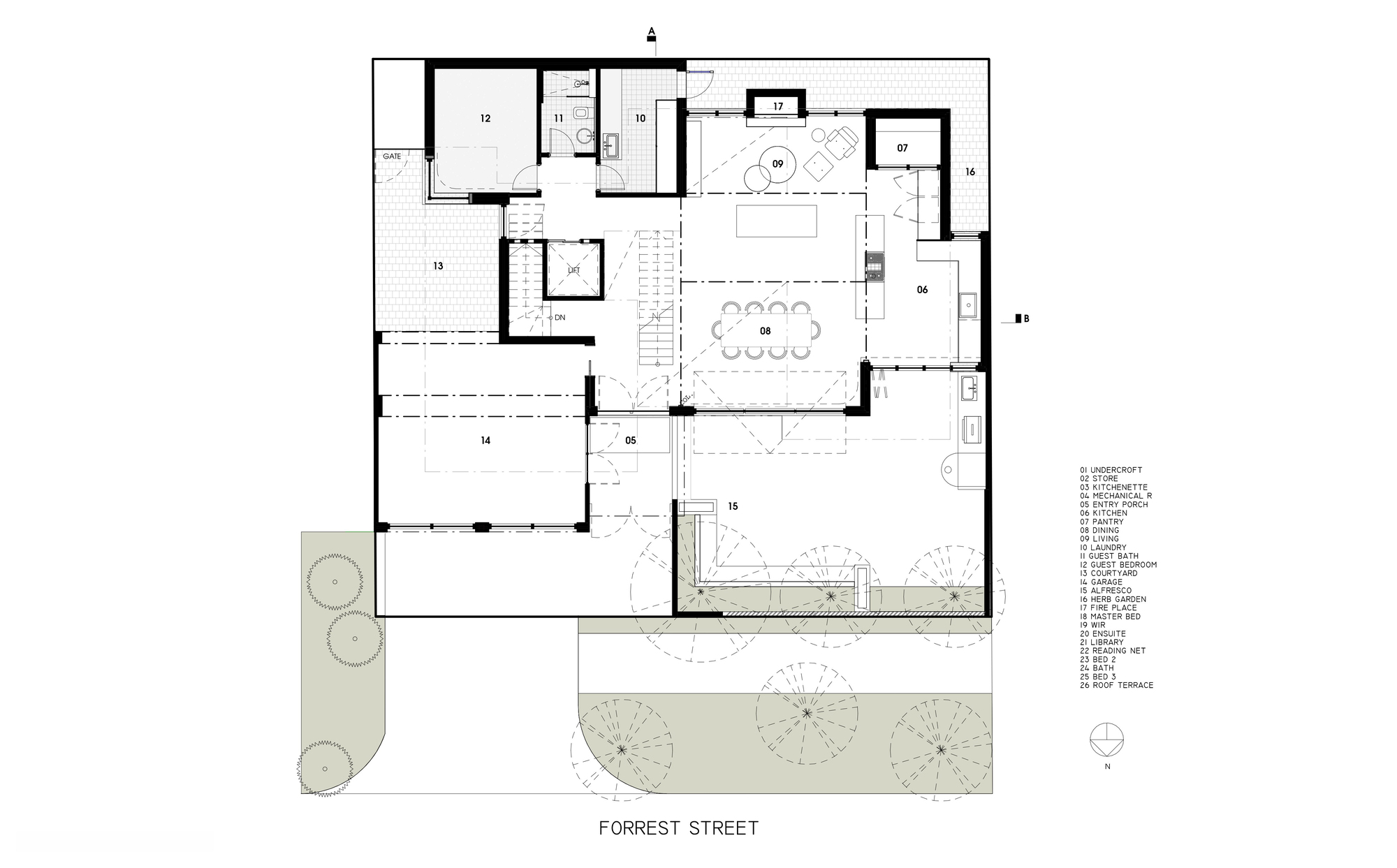Ground floor plan drawing showing open living and dining spaces with adjacent courtyard