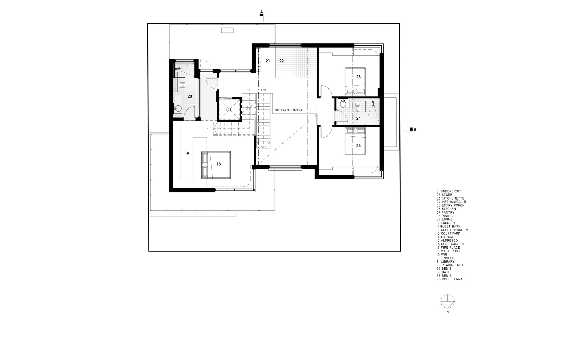 First floor plan drawing showing bedroom layout with central stair and void space