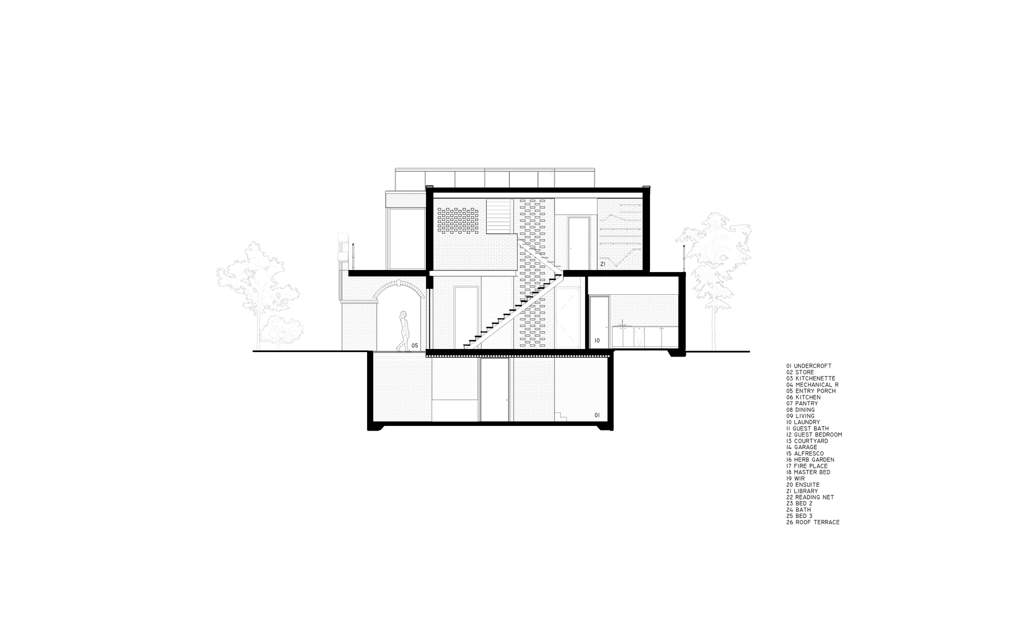 Section drawing cutting through the staircase with flanking trees indicated in outline