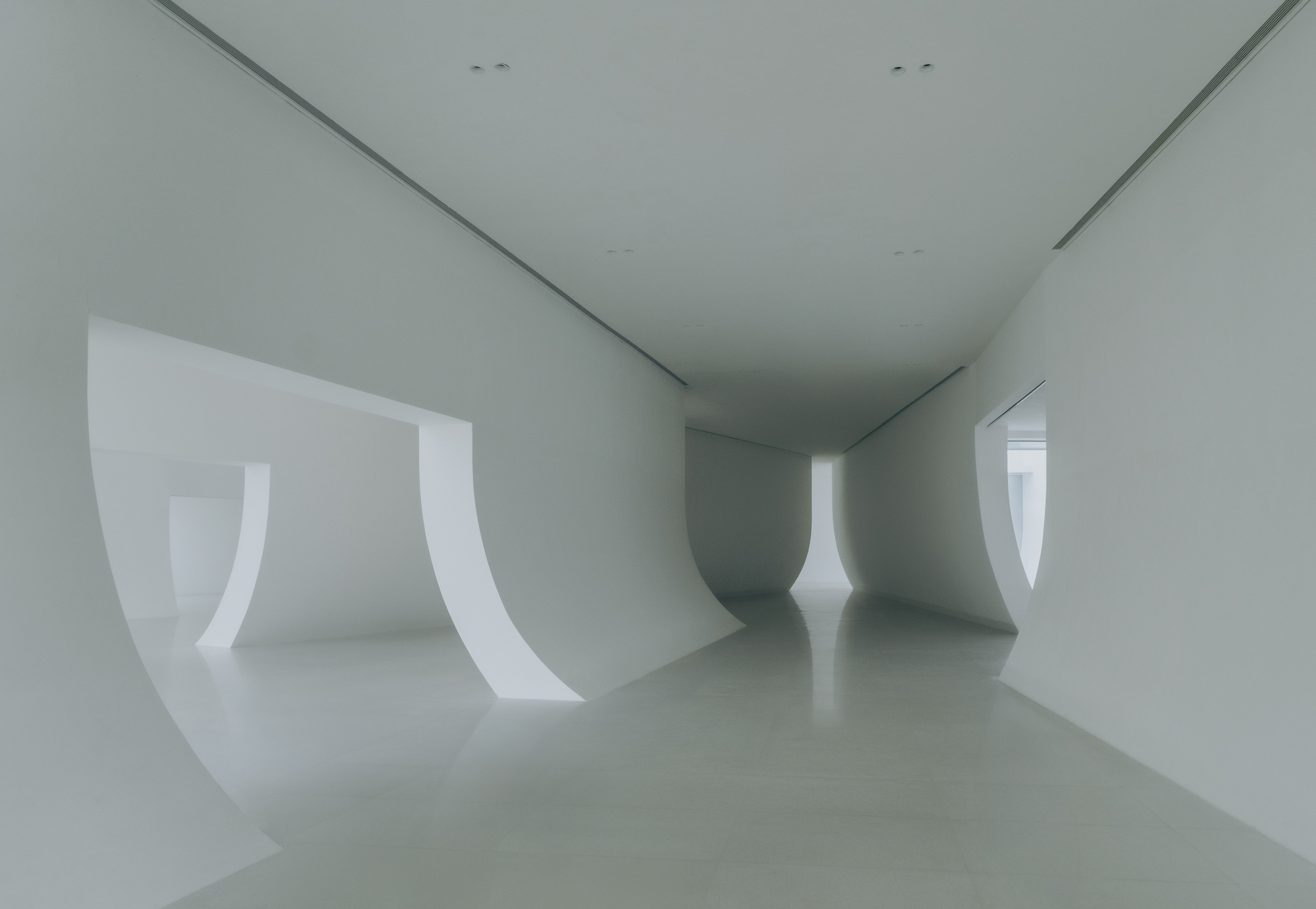Interior gallery with curved white walls and window openings creating continuous spatial flow