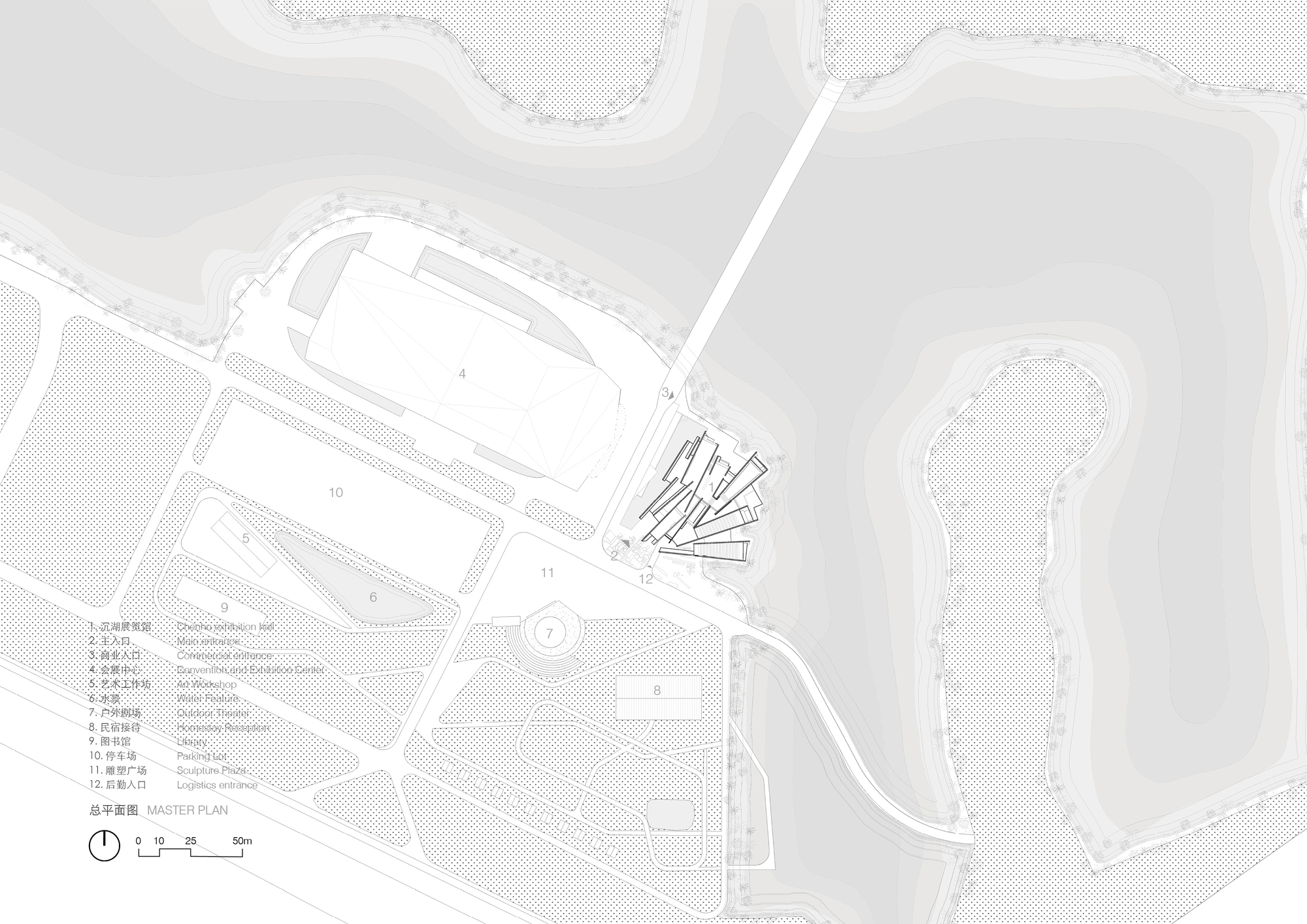 Site plan drawing showing radiating volumes between curvilinear water bodies and adjacent structures