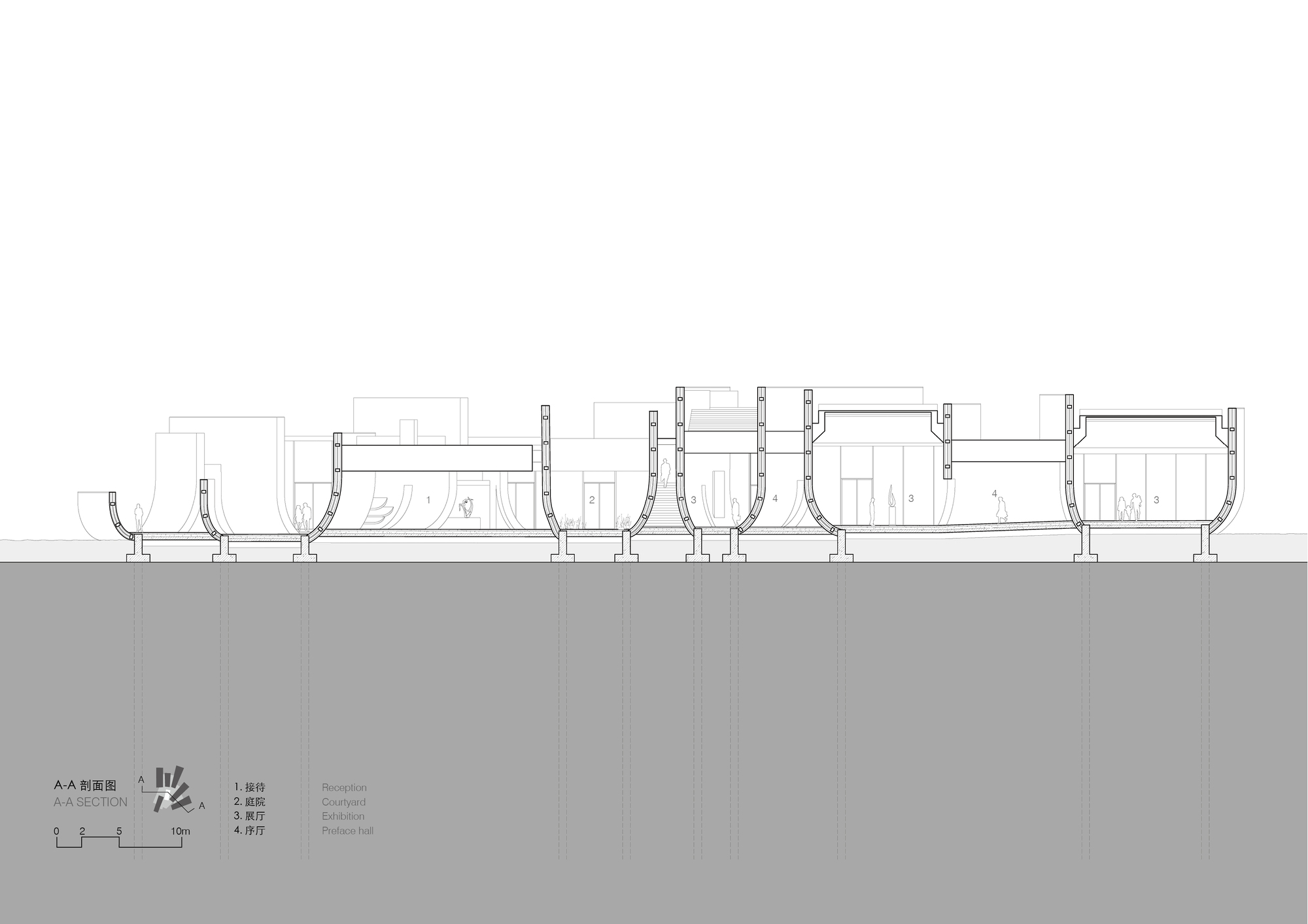 Section drawing showing a series of bowl-shaped volumes supported by columns above ground level