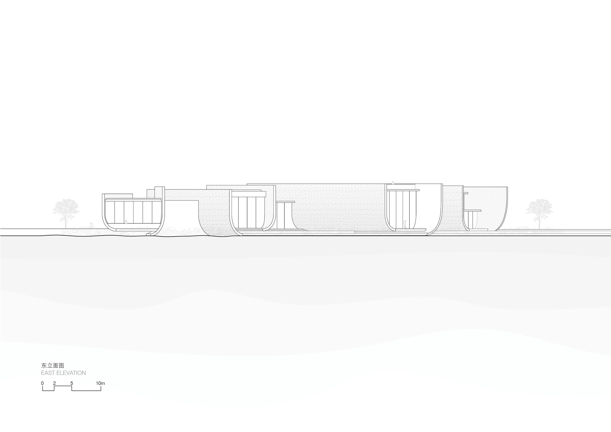 East elevation drawing showing four curved bowl-shaped volumes resting on grade with flanking trees