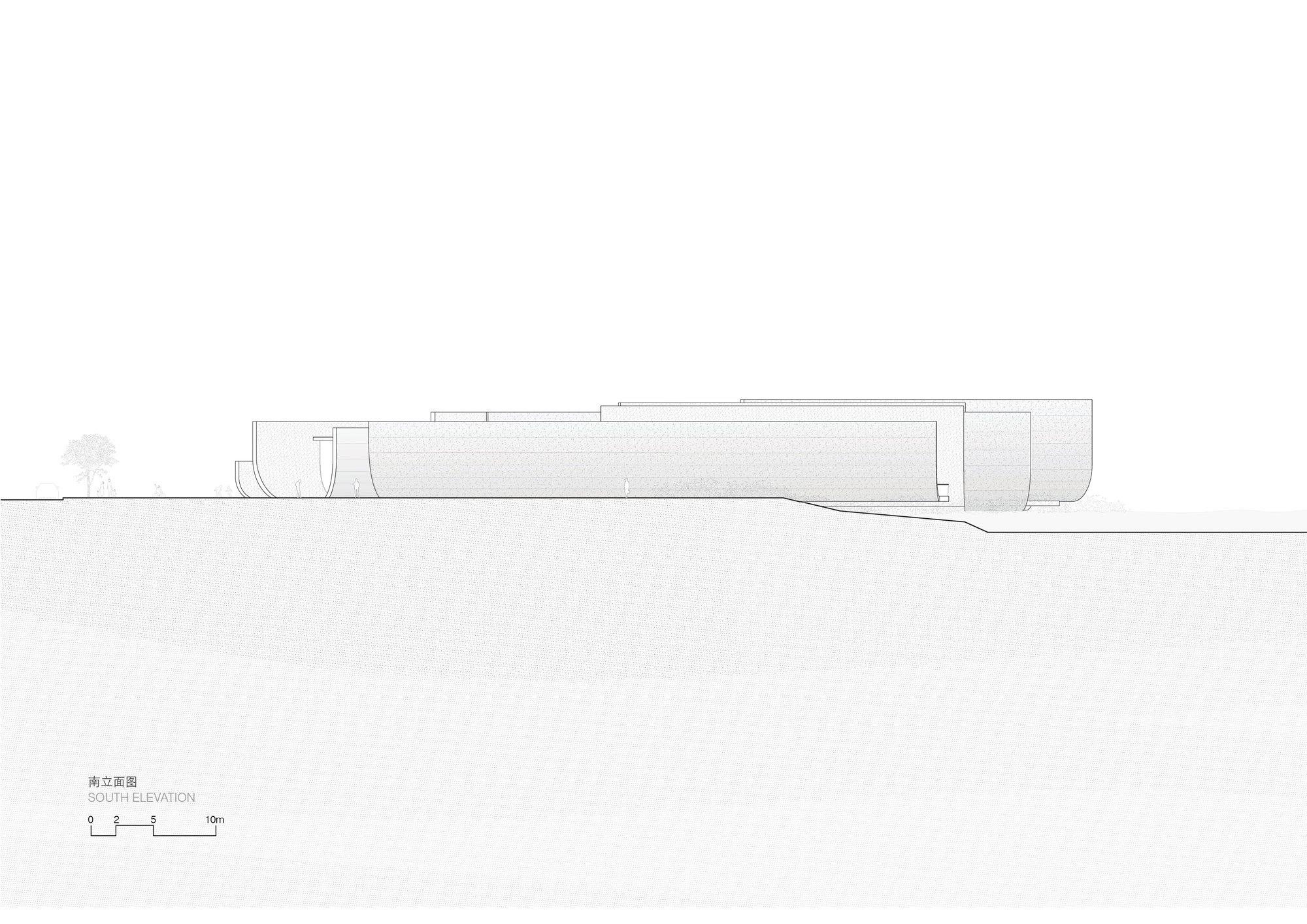 South elevation drawing displaying a long horizontal volume with textured roof surface and tree silhouette