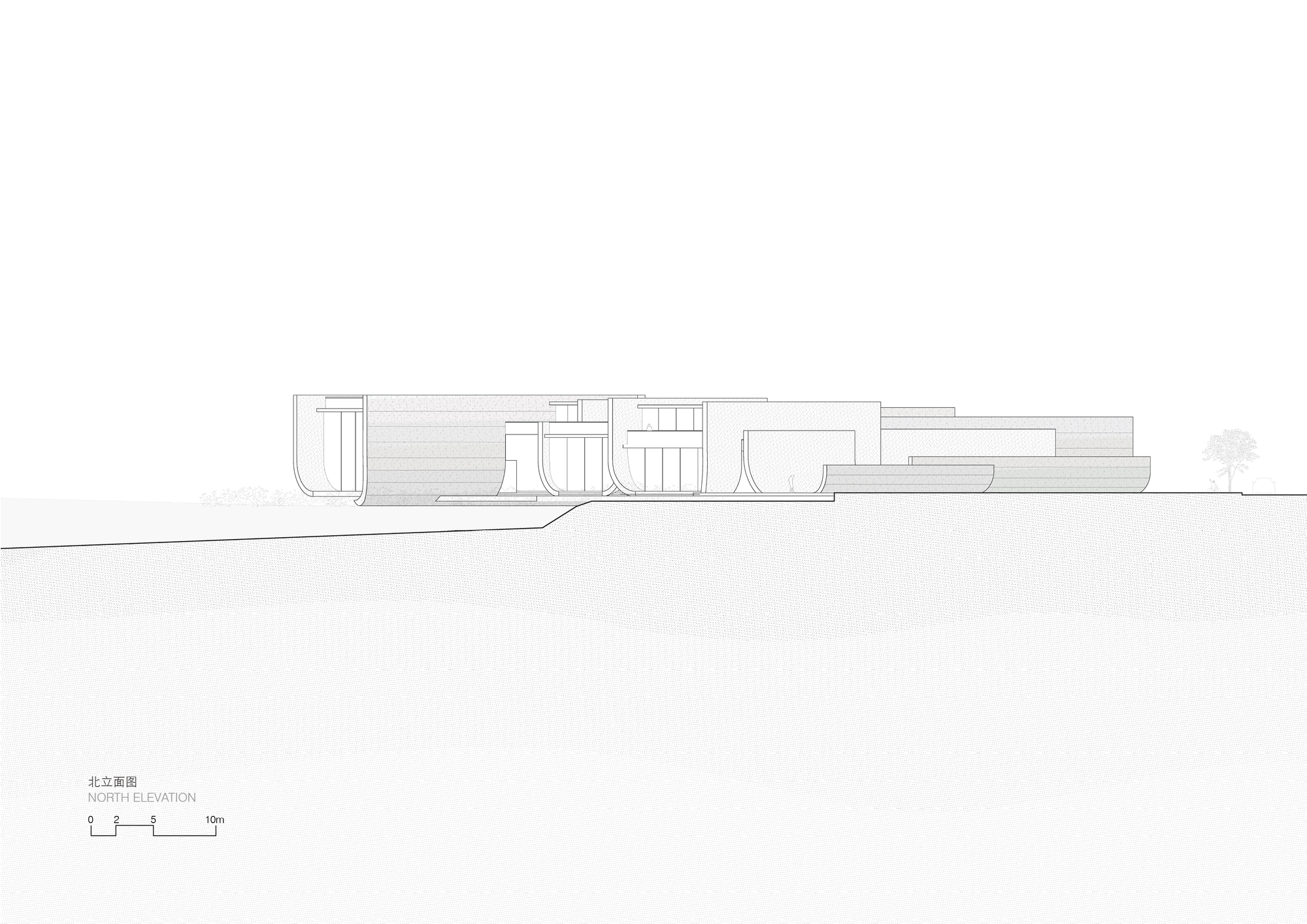 North elevation drawing showing a linear composition of staggered volumes with varied roof textures