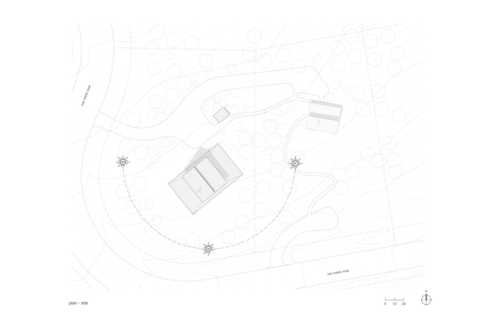 Site plan drawing showing a rectangular building footprint and two smaller structures on curved contour lines