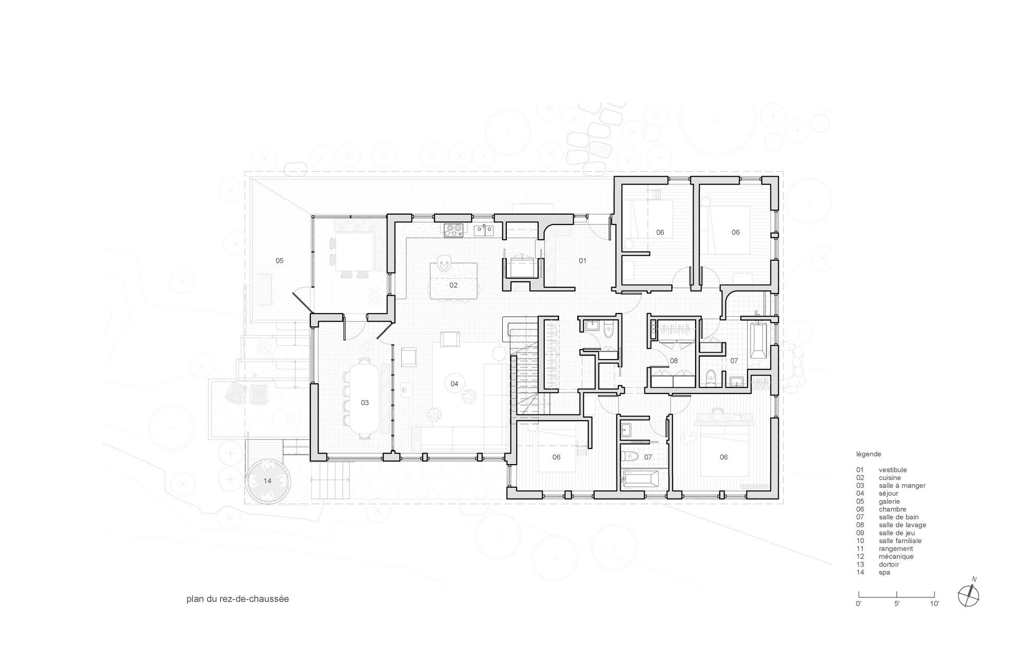 Upper floor plan drawing showing bedroom and bathroom arrangement around a central stair and hallway