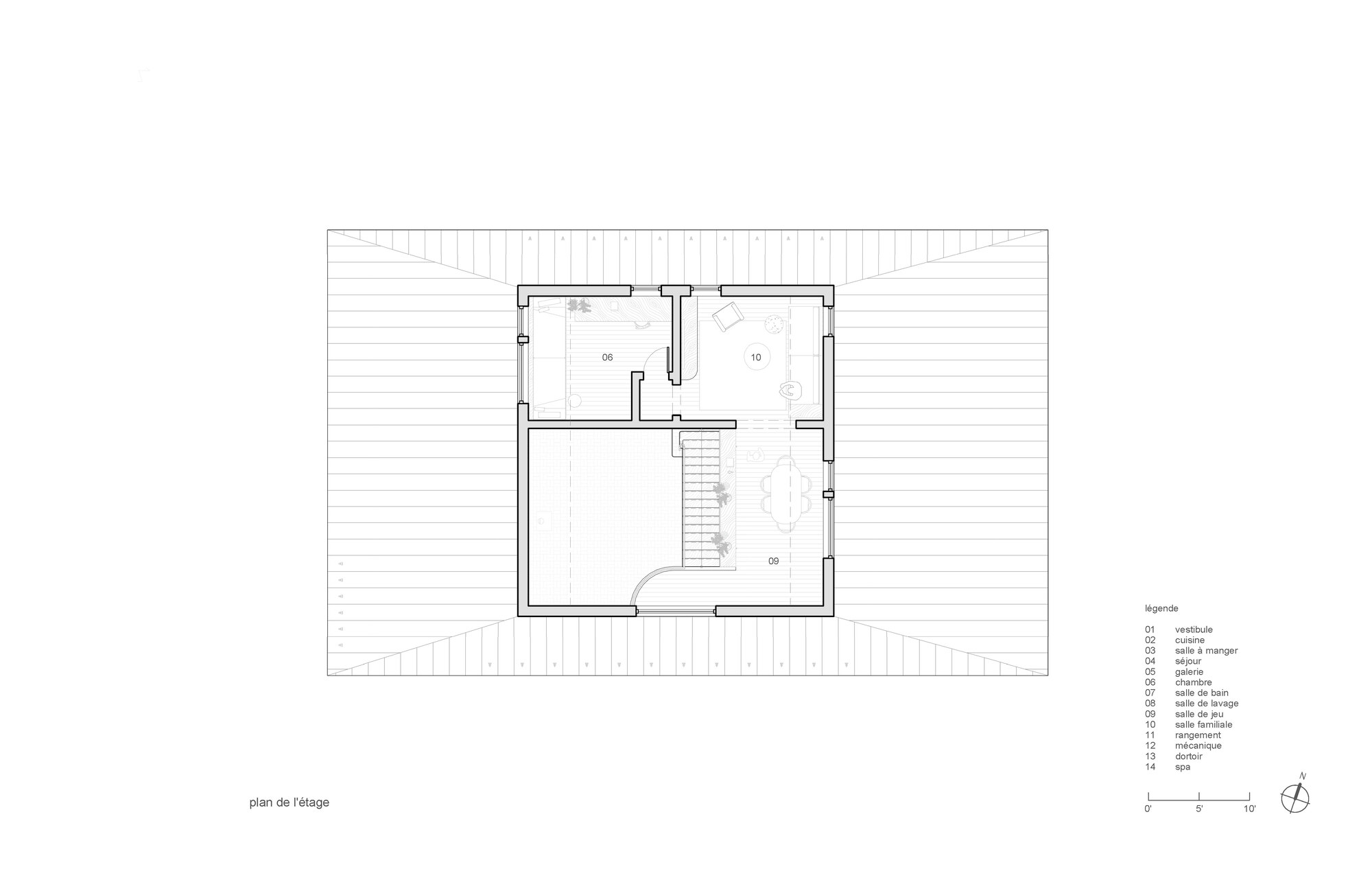 Attic floor plan drawing showing two small rooms and a central stairwell beneath a pitched roof