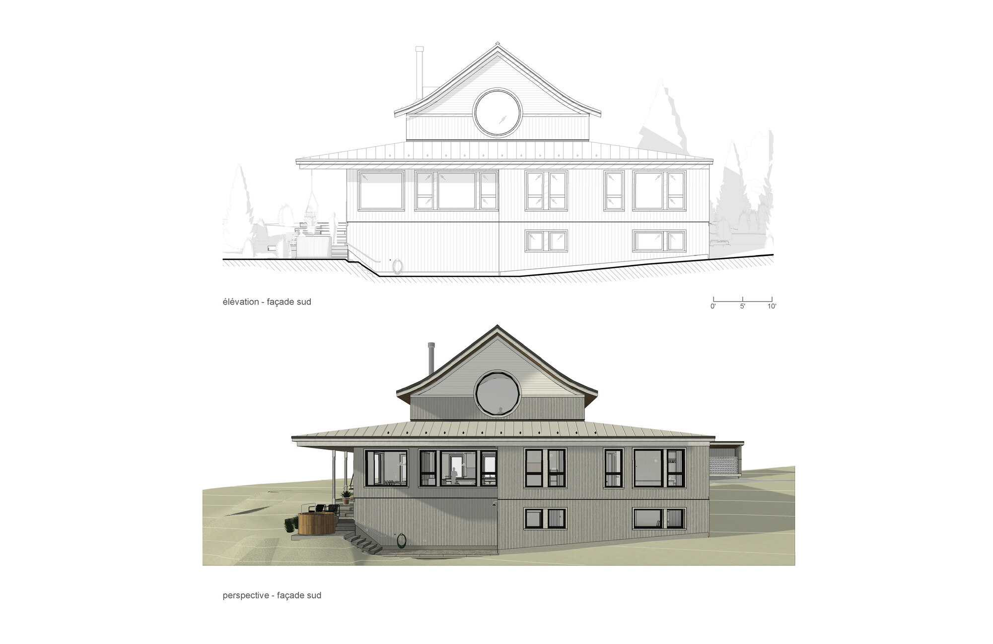 Elevation and perspective drawings of the south facade with wraparound porch and circular gable window