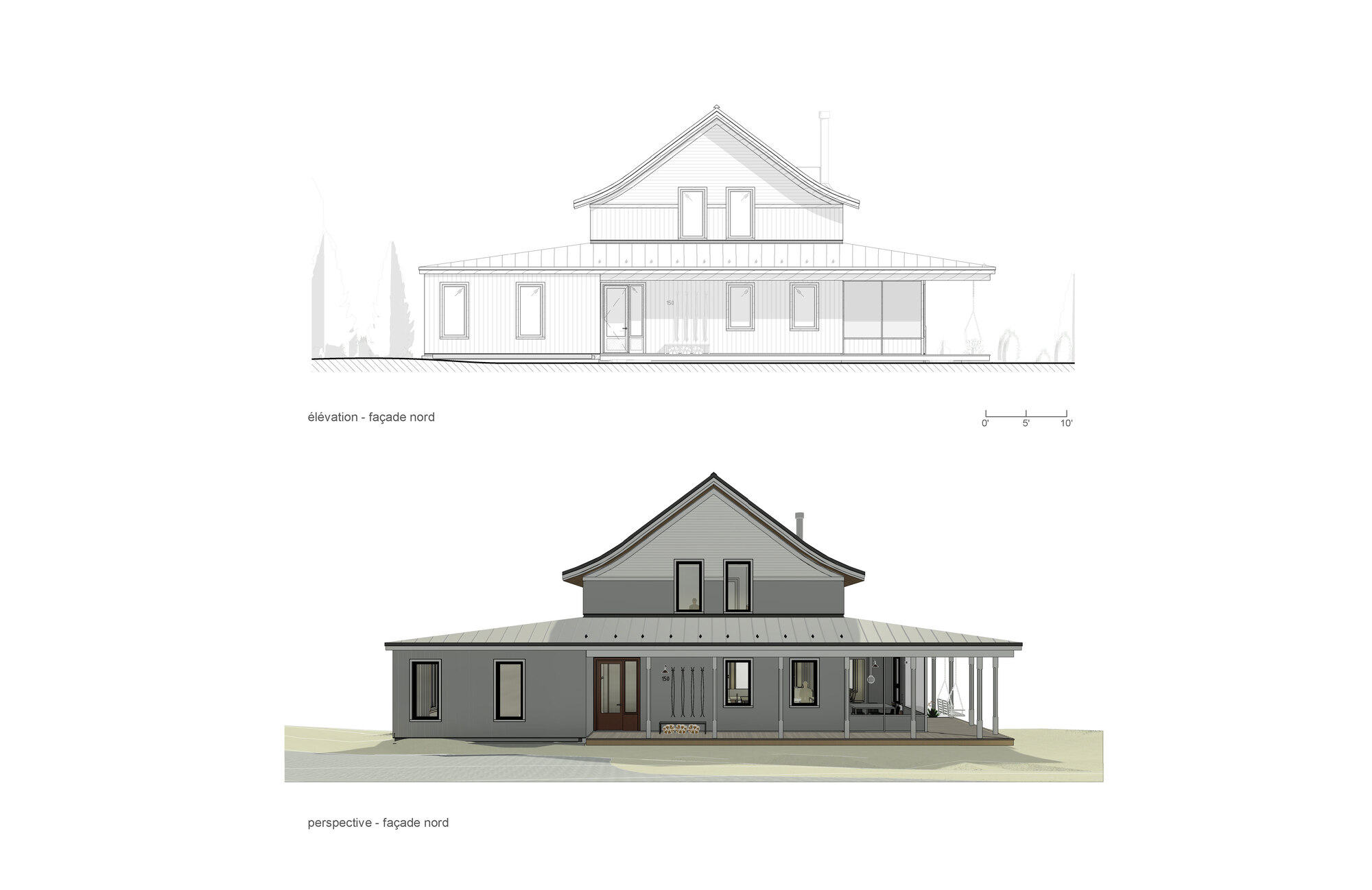 Elevation and perspective drawings of the north facade with central entrance and metal standing-seam roof
