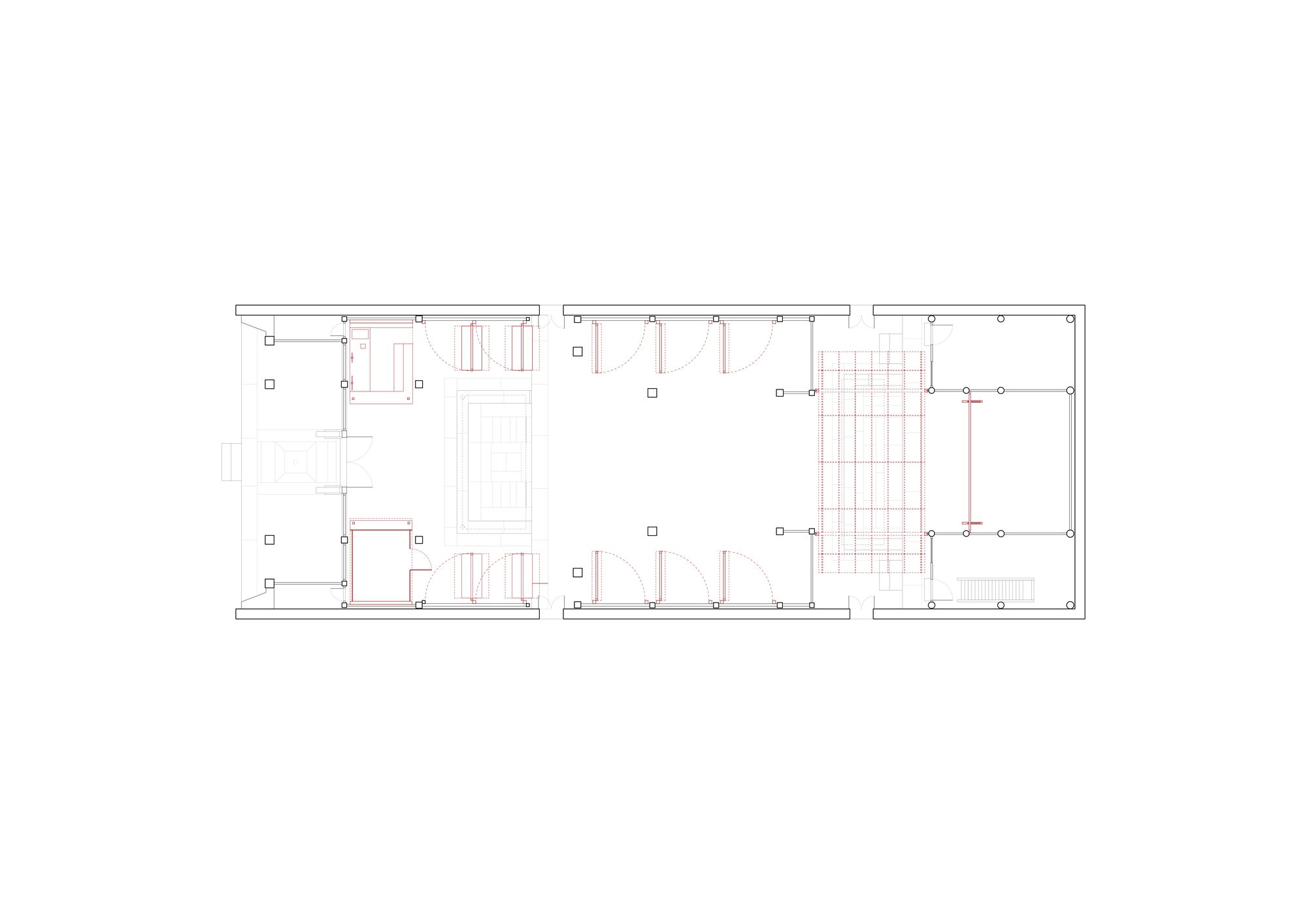 Floor plan drawing showing three connected volumes with room divisions and structural grid