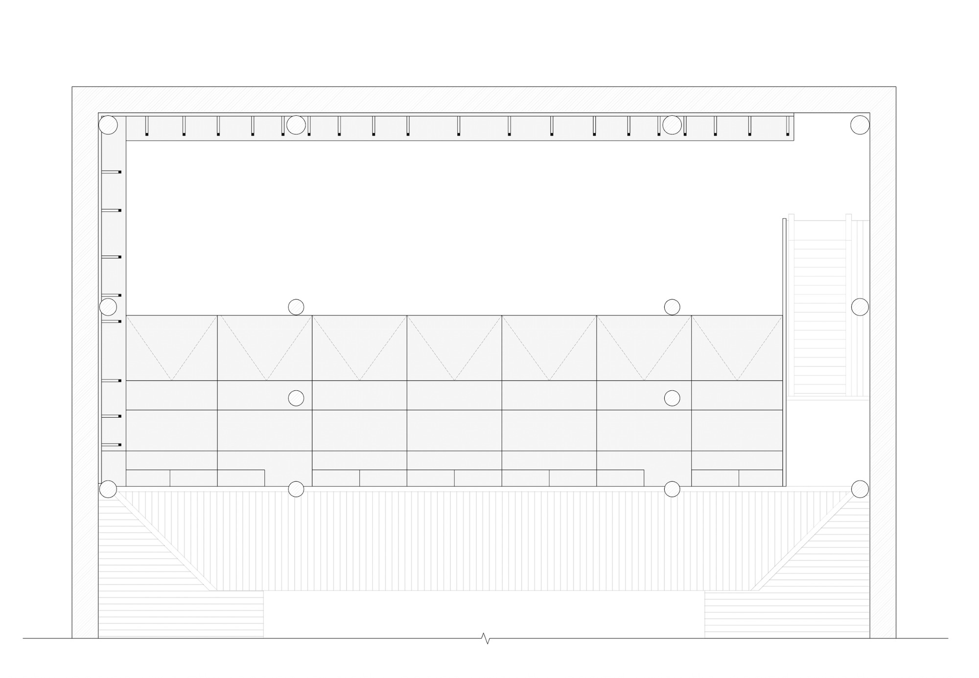 Section drawing showing structural column grid with diagonal bracing and a stepped landscape element below