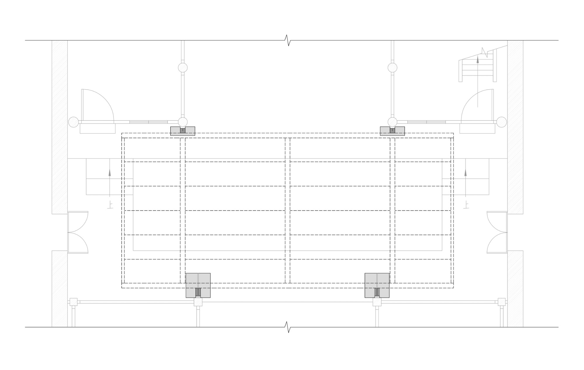 Reflected ceiling plan drawing with column locations and diagonal cable system marked with dashed lines