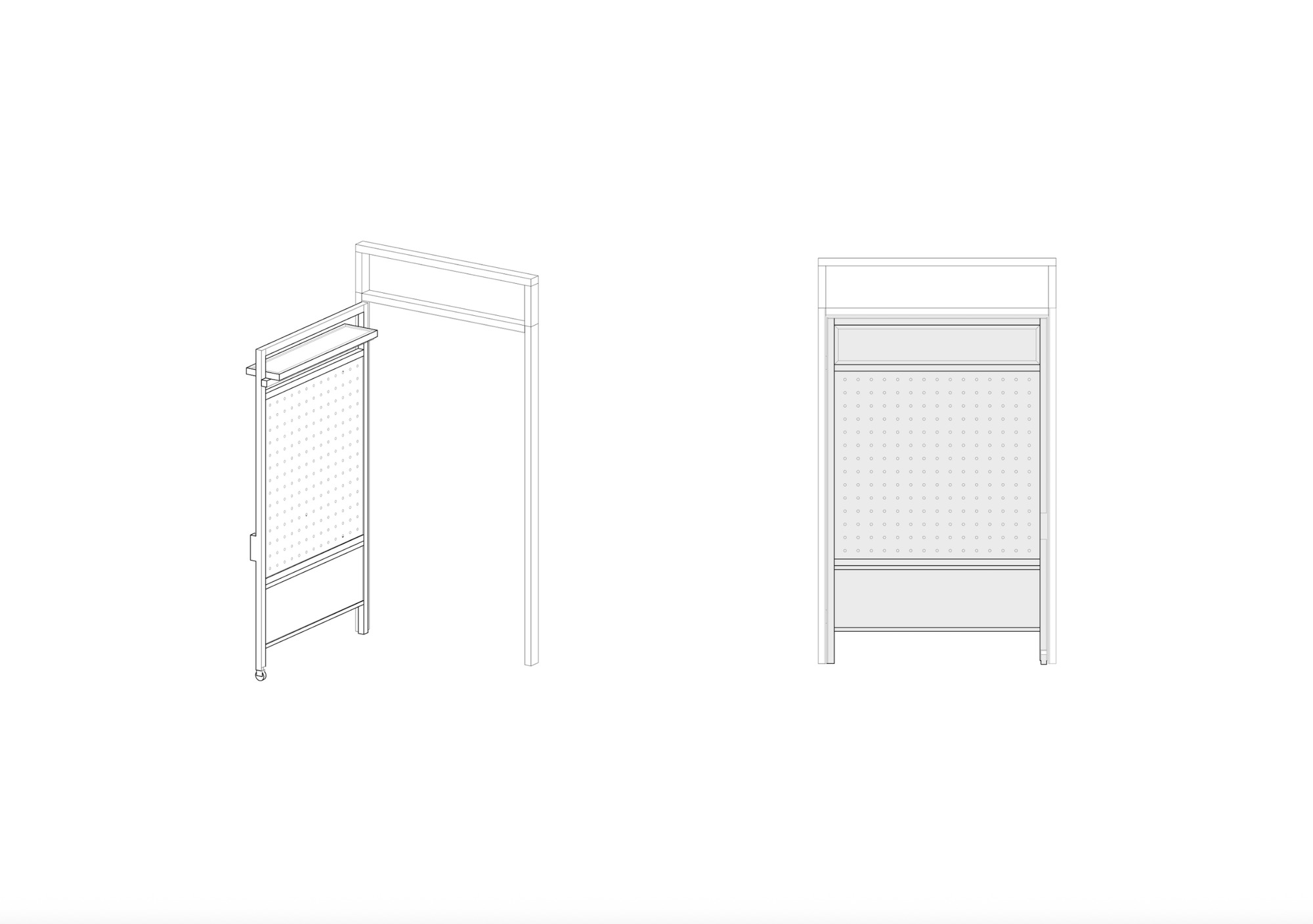 Axonometric drawing showing two framed panels with perforated metal screens in open and closed positions