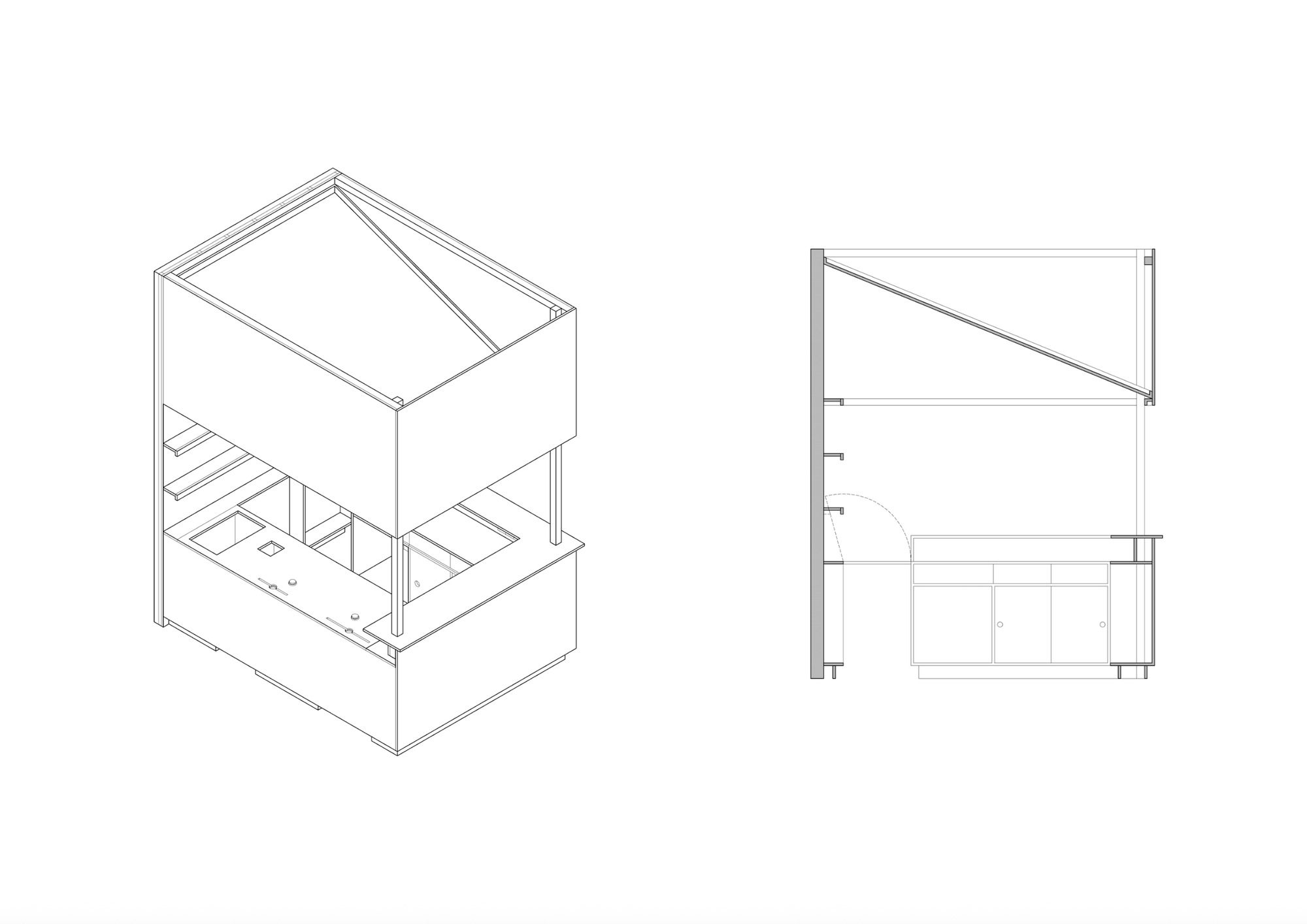 Isometric and section drawings revealing a two-story interior with mezzanine slab and diagonal bracing