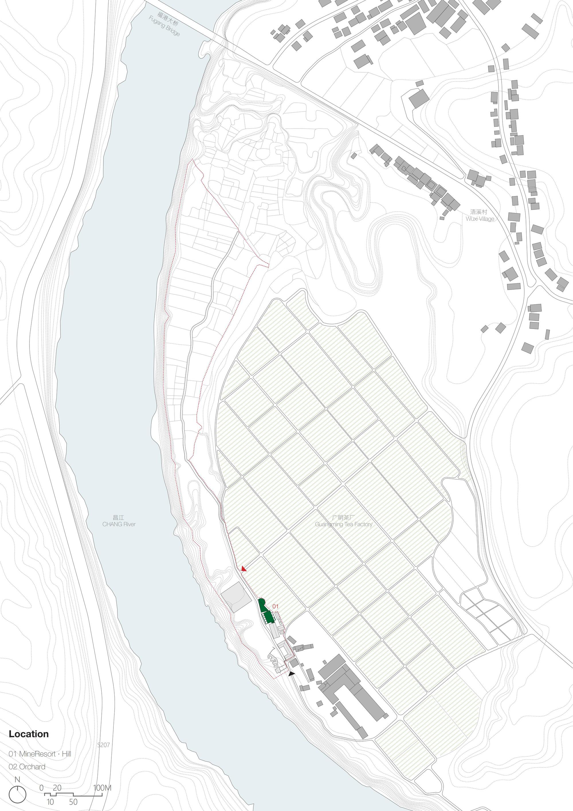 Site plan drawing showing the building location among agricultural plots, water body and topographic contours