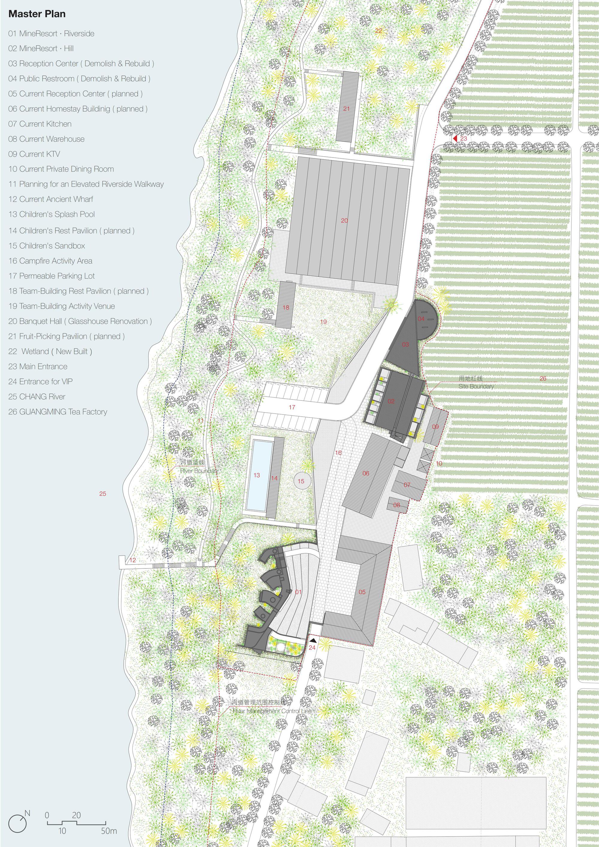 Master plan drawing showing scattered buildings amid planted landscape and agricultural fields