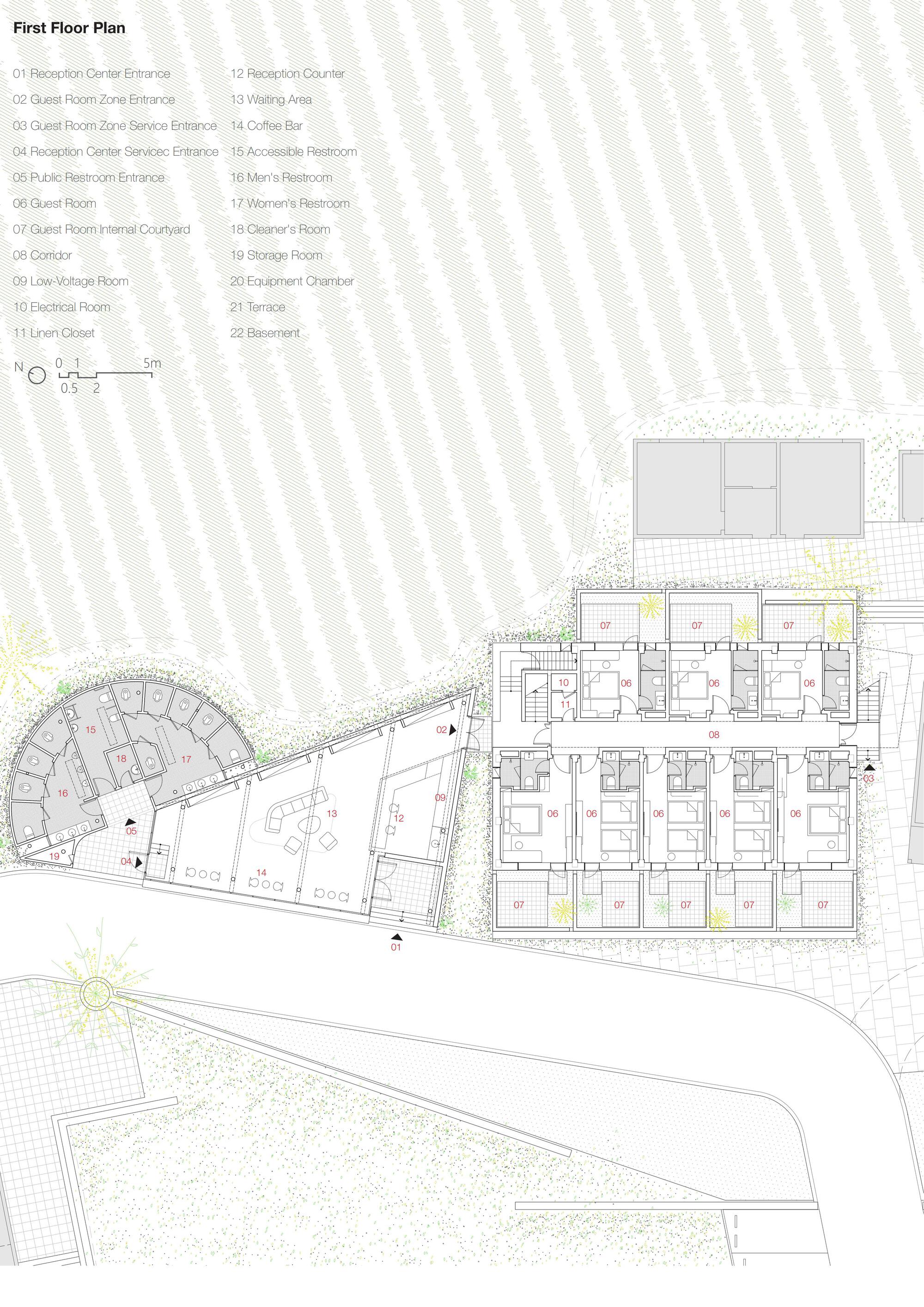 First floor plan drawing showing a curved wing and a rectangular wing with repeated room units