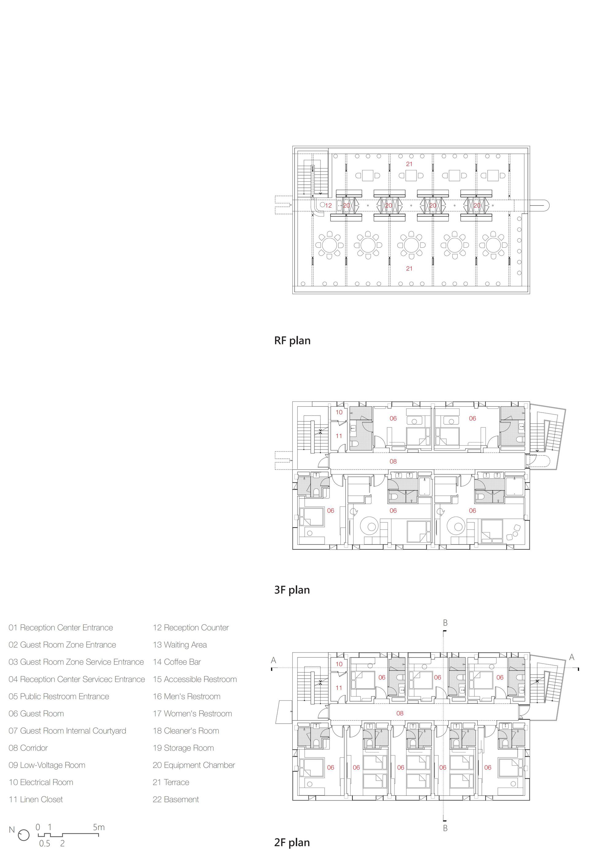 Floor plan drawings for the roof level, third floor, and second floor of a linear residential building