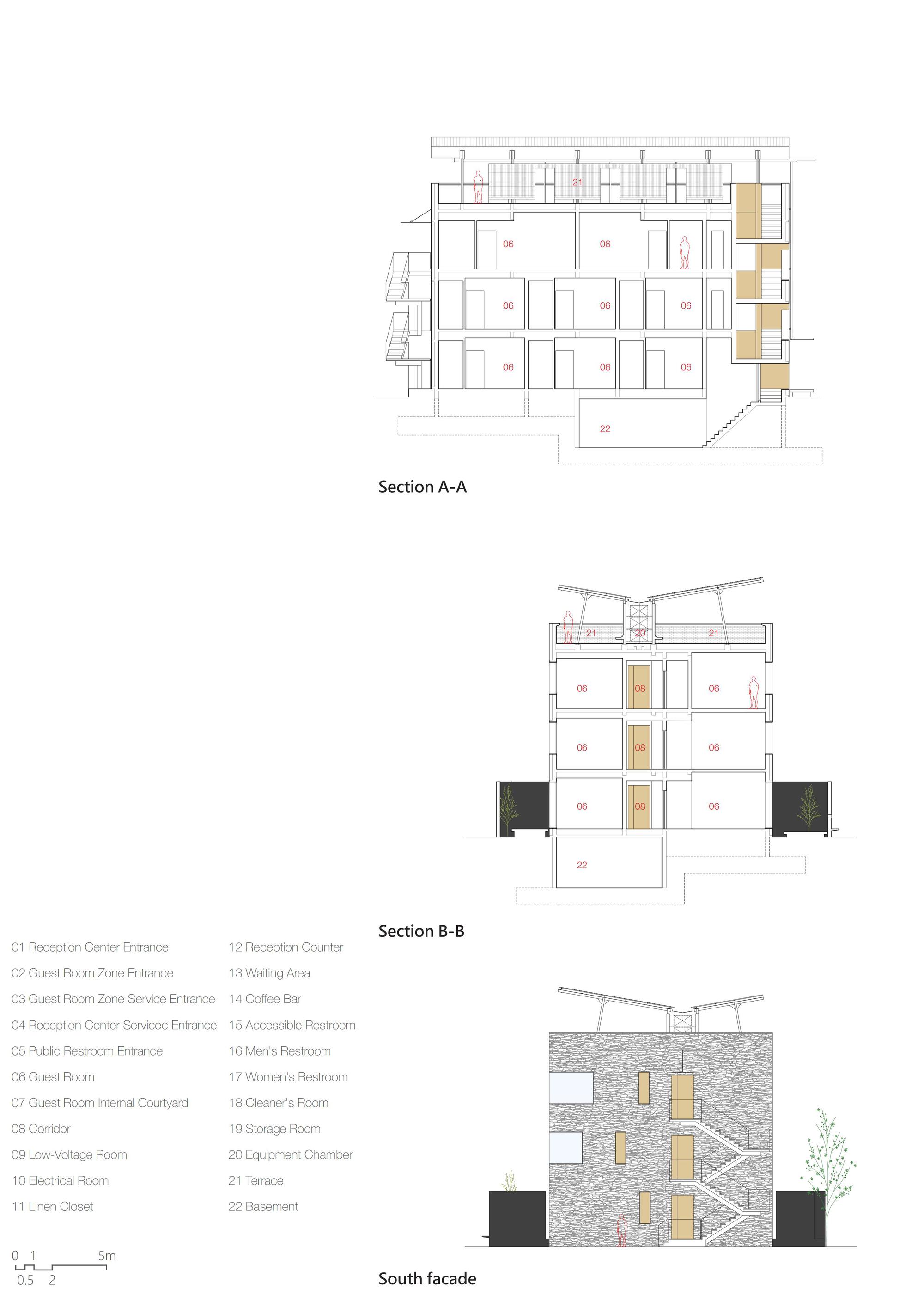 Section and facade drawings showing a three-story building with timber-clad vertical elements and sloped roof