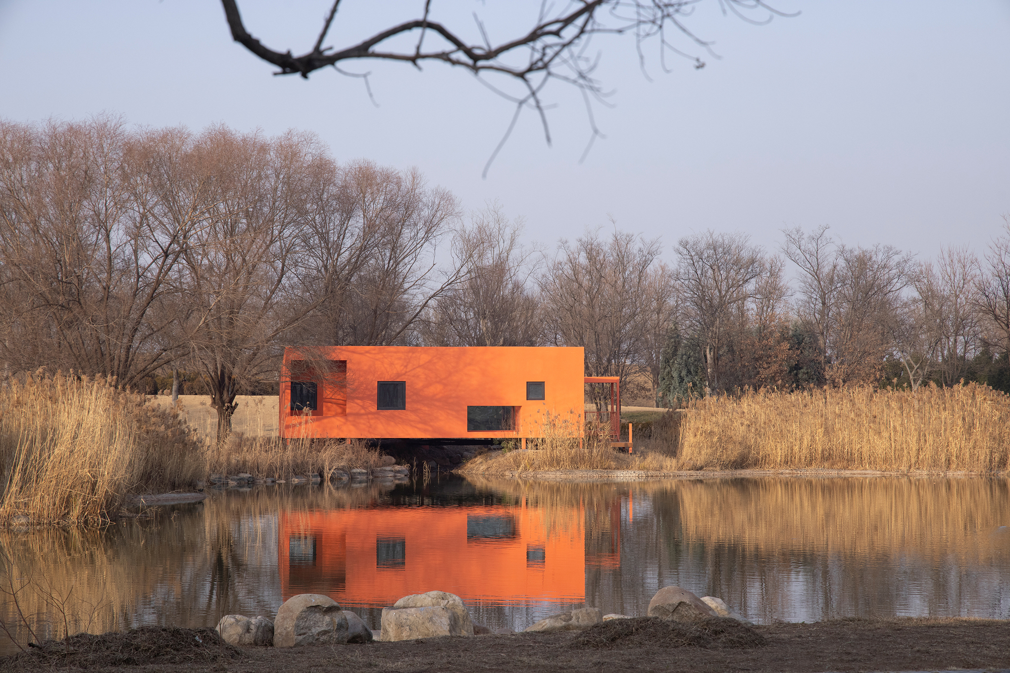 Orange facade with punched windows raised above pond on single column with reeds and rock shoreline