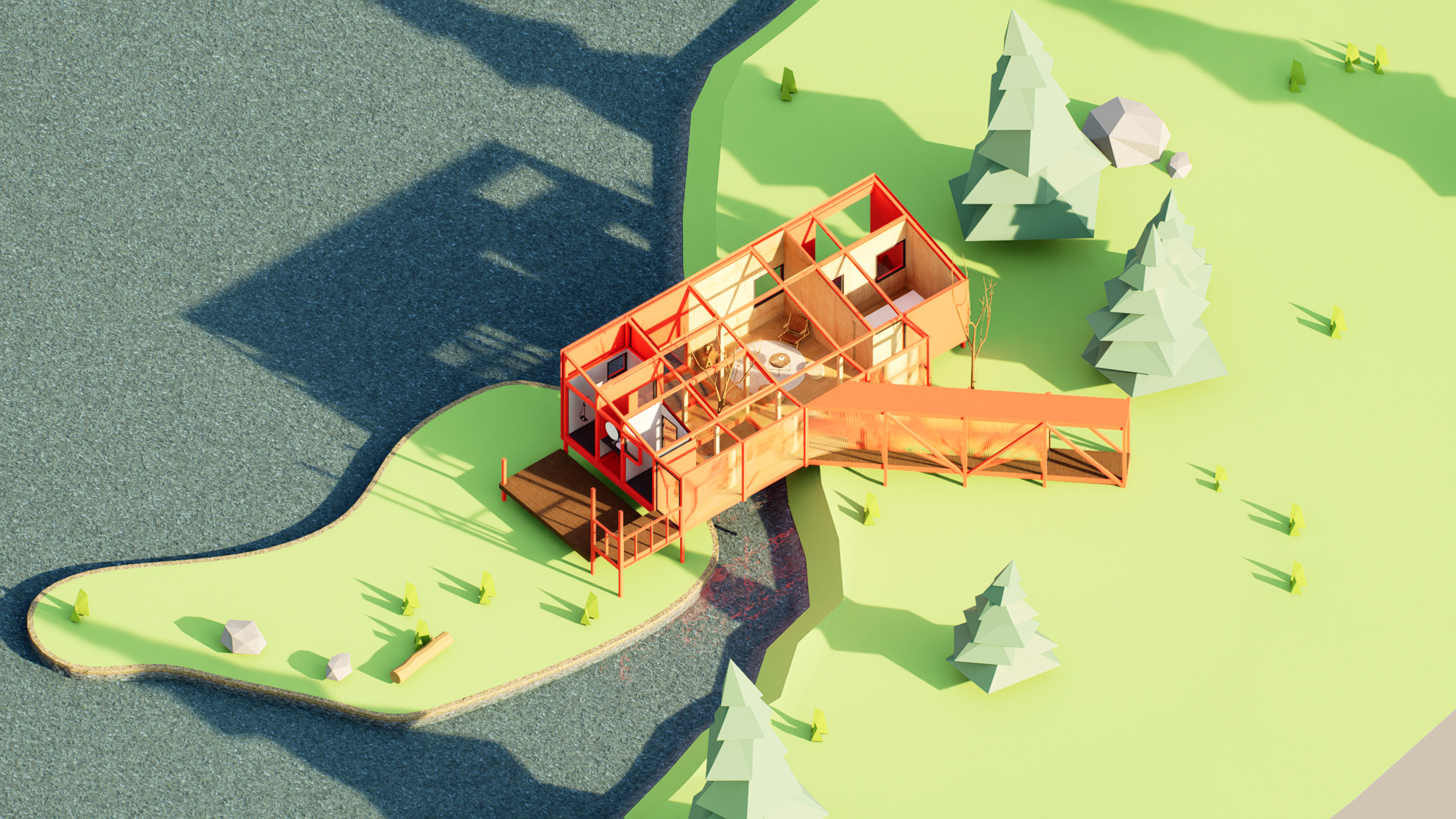 Aerial view of the architectural model showing exposed timber framing beneath the angular roof