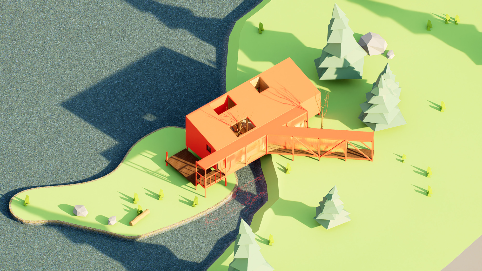 Top-down view of the model revealing two courtyards cut into the peachy orange roof plane