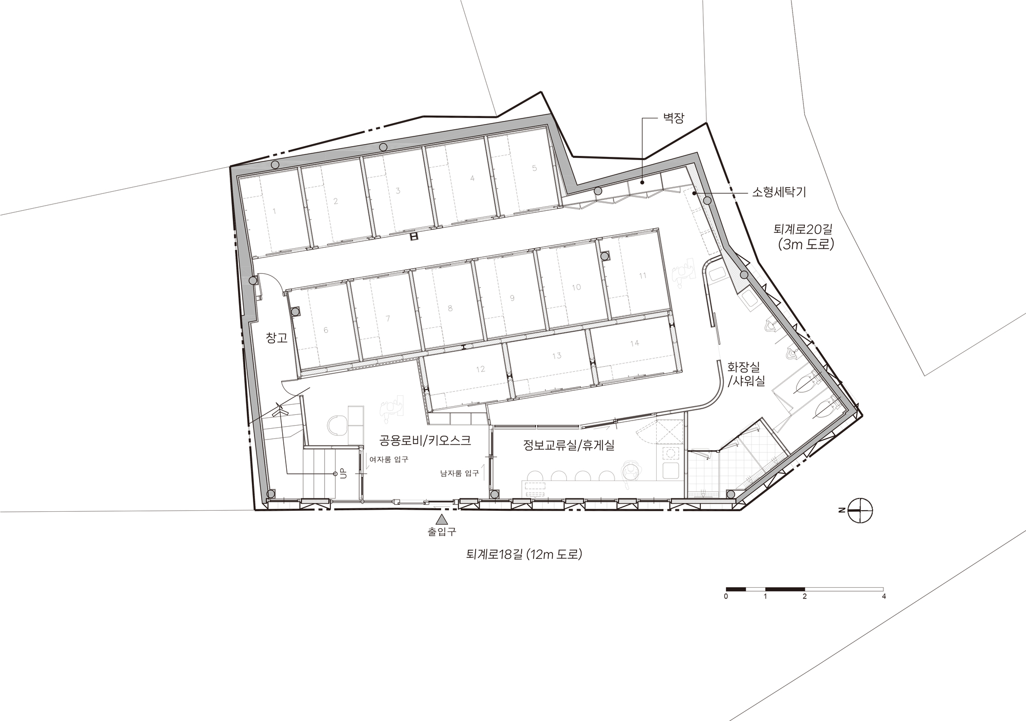 Floor plan drawing showing an angled perimeter with central corridor and cellular rooms