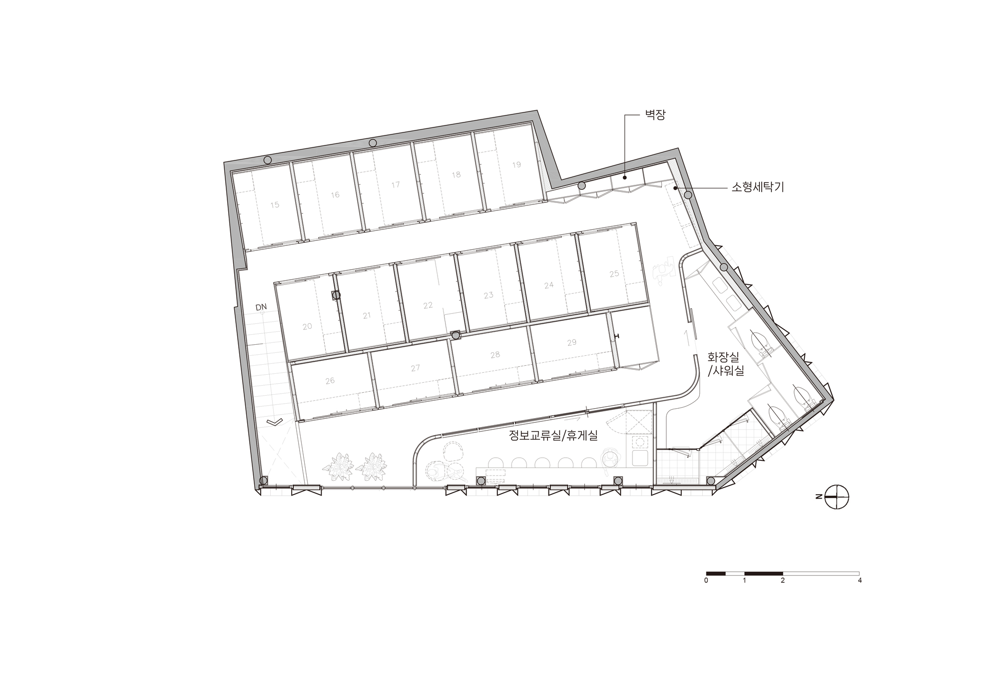 Floor plan drawing depicting similar layout with angled site boundary and interior divisions