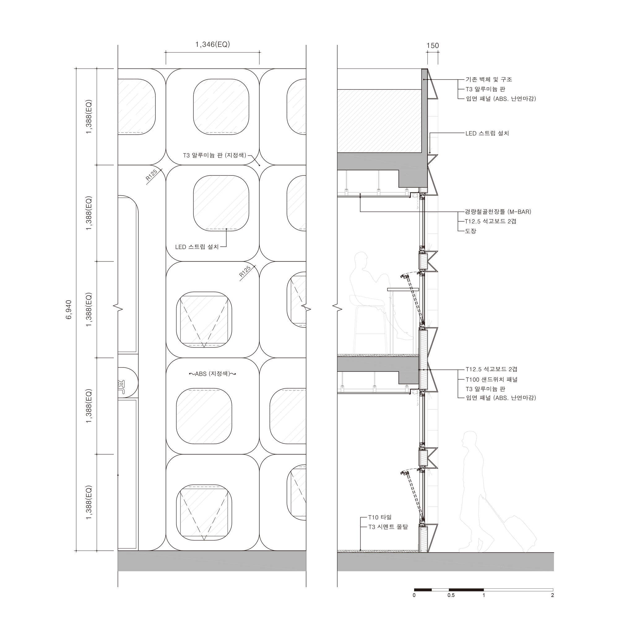 Elevation and section drawings detailing the rounded-square window panel system with mounting hardware and dimensions
