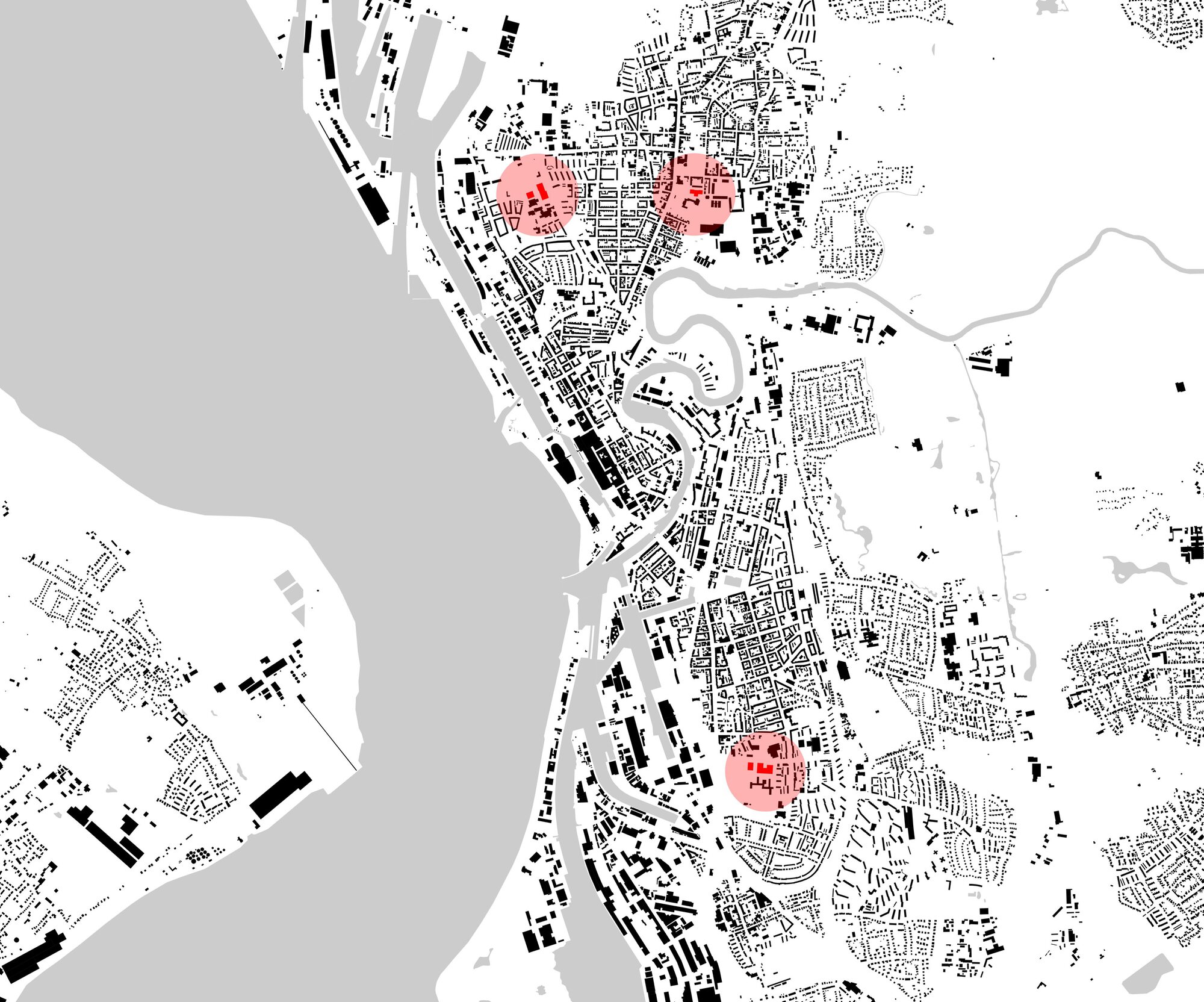 Urban plan drawing showing the development area highlighted in pink within the broader street network and waterfront