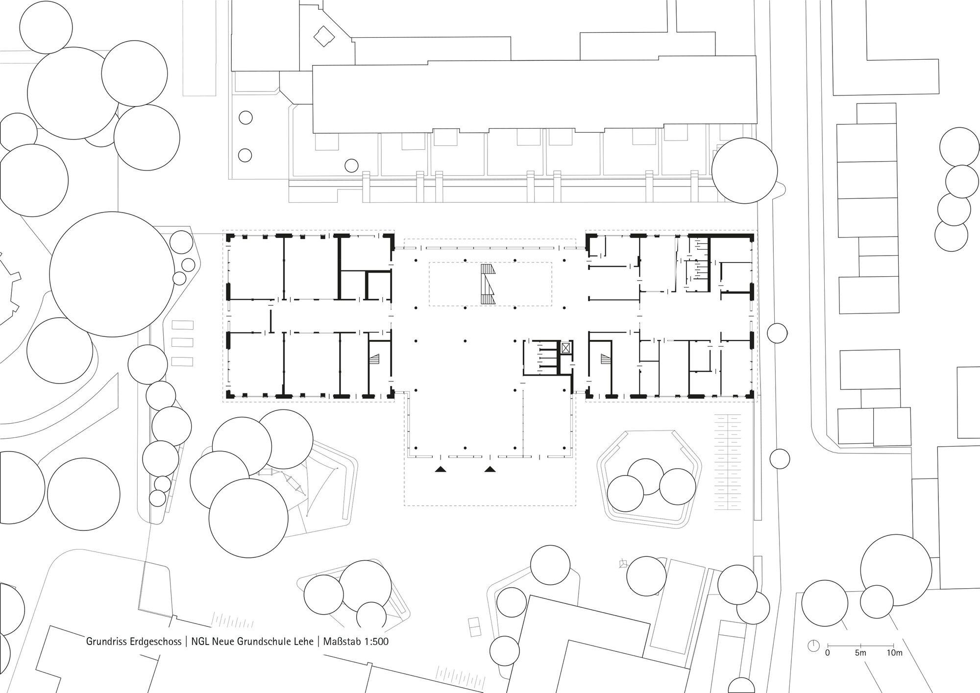 Ground floor plan drawing showing a symmetrical layout with central circulation and surrounding tree canopies