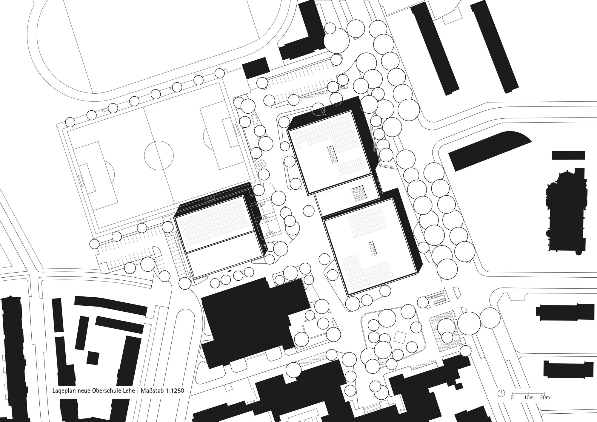 Site plan drawing showing three courtyard buildings arranged in a cluster with surrounding landscape and trees