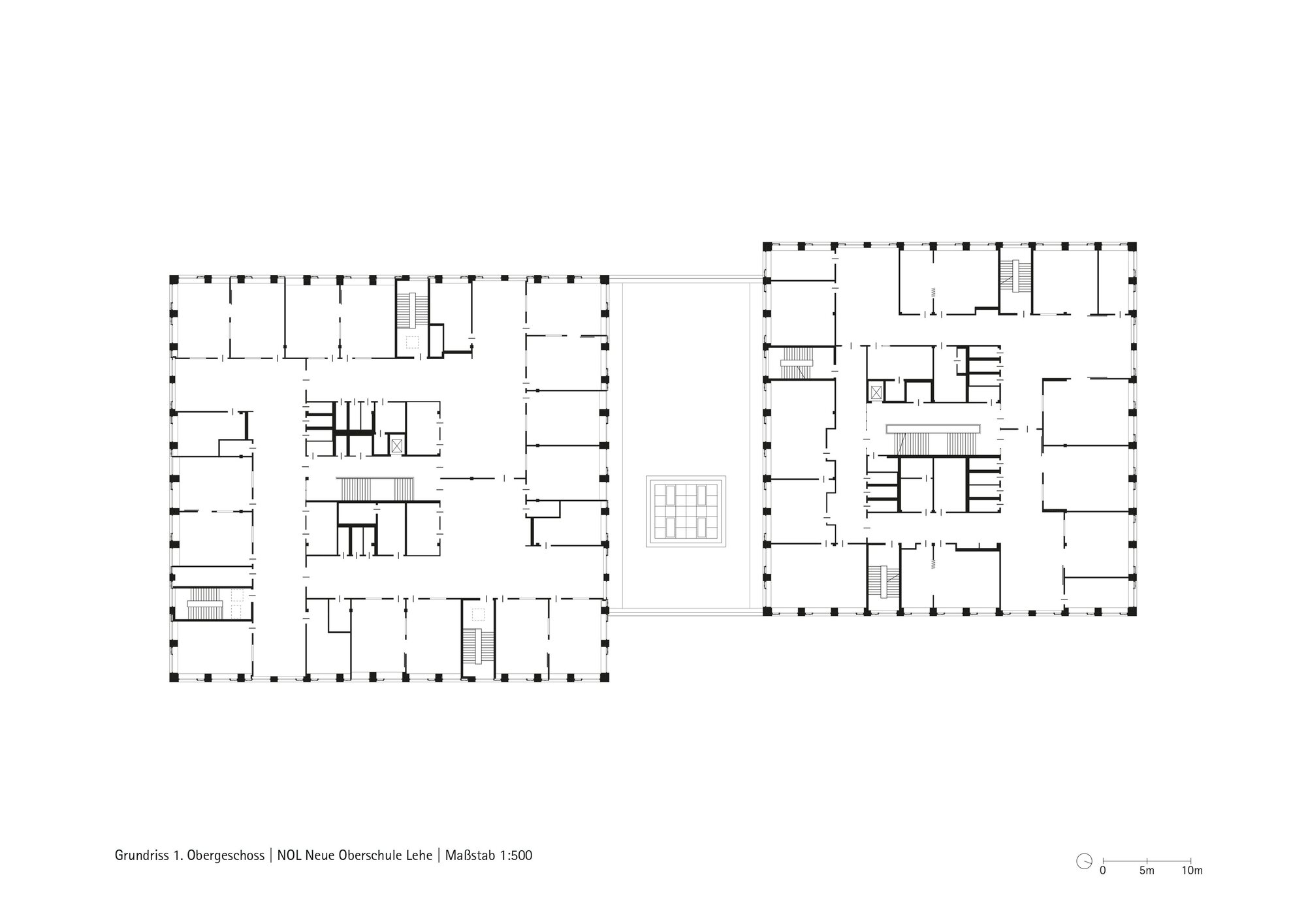 Floor plan drawing showing two rectangular buildings with perimeter columns and internal room divisions
