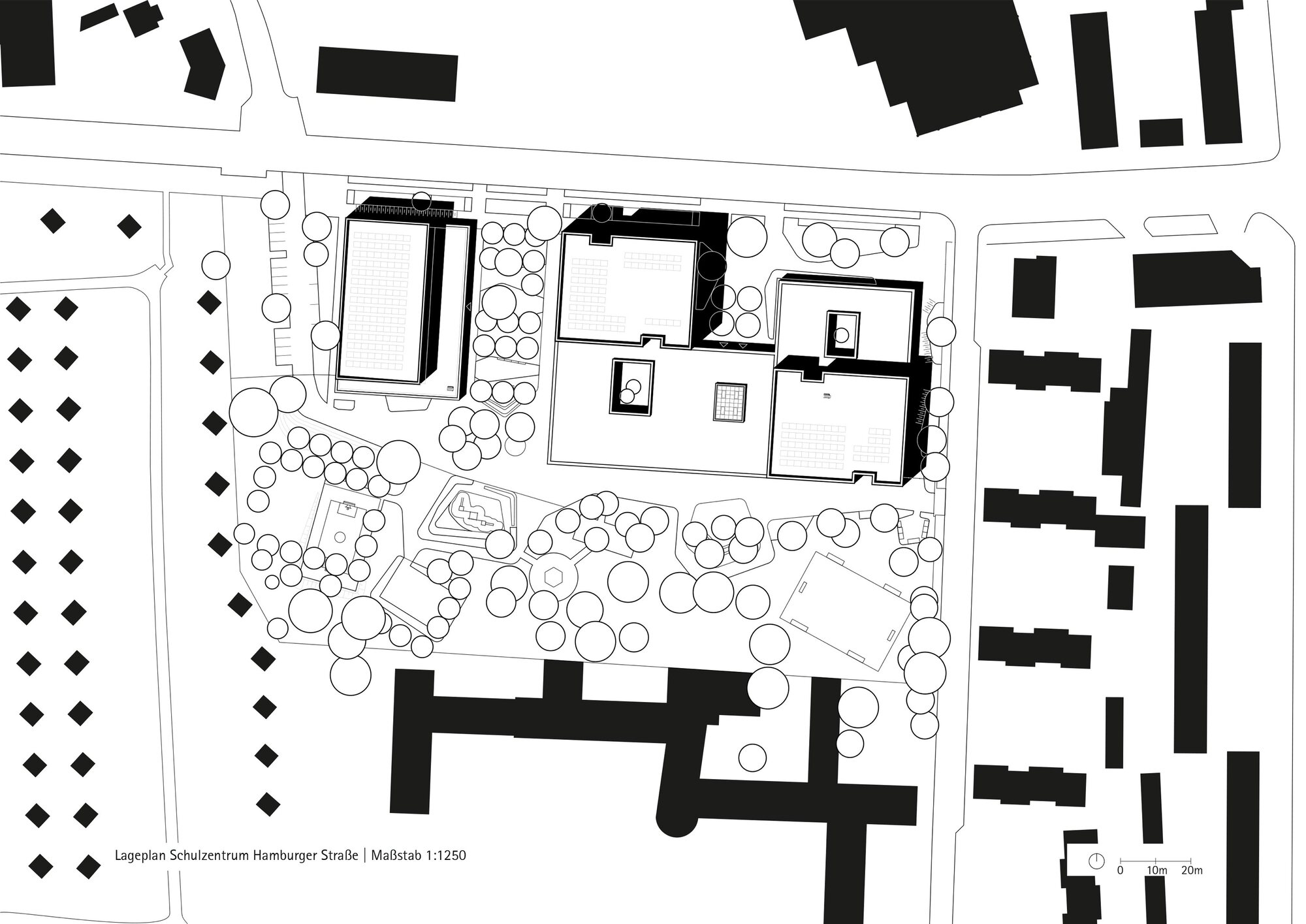 Site plan drawing showing building volumes in black surrounded by circular tree symbols and neighboring structures