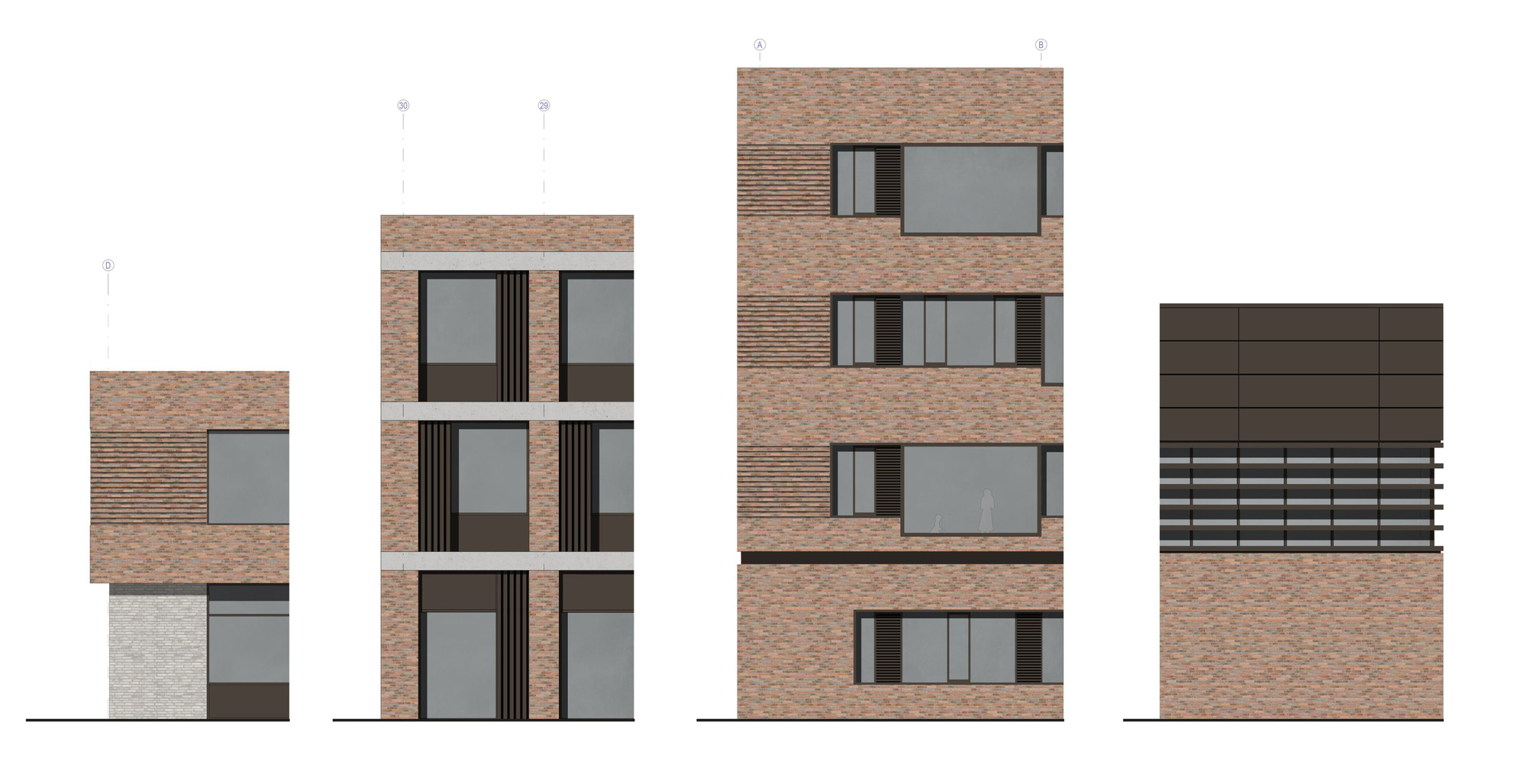 Elevation drawing showing four facade variations with brick cladding and varied window arrangements