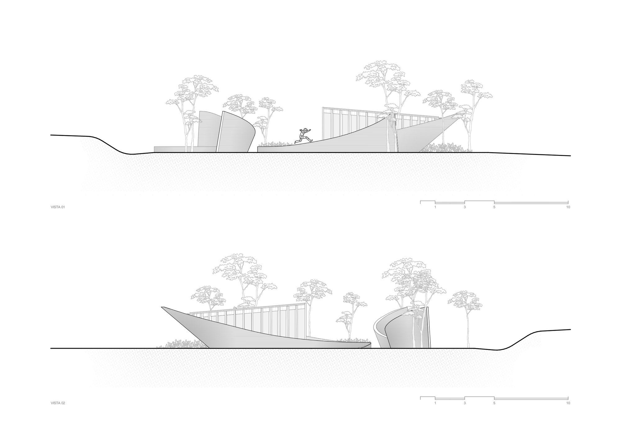 Elevation drawings showing two curved roof volumes emerging from the ground plane with trees and a walking figure